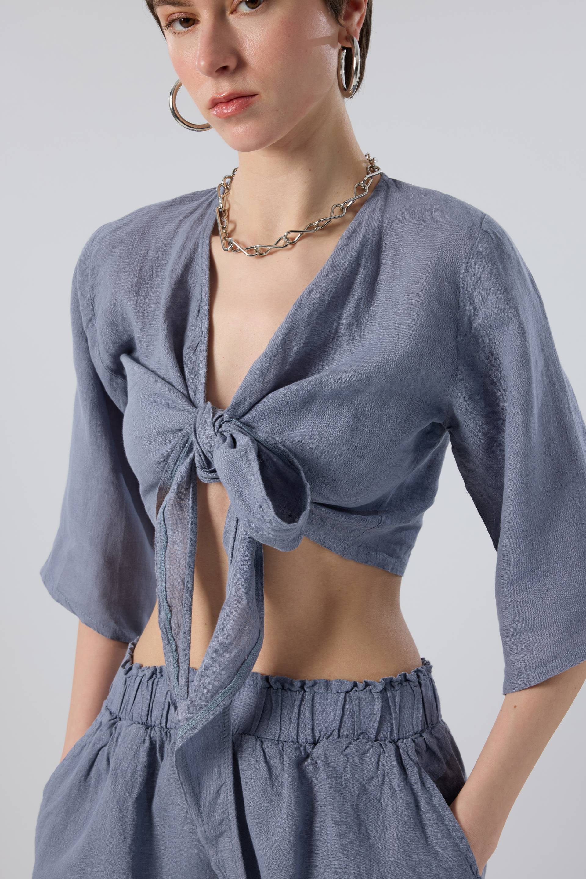 Keten Anvelop Bağlamalı Bluz / Lila #renk_Lila