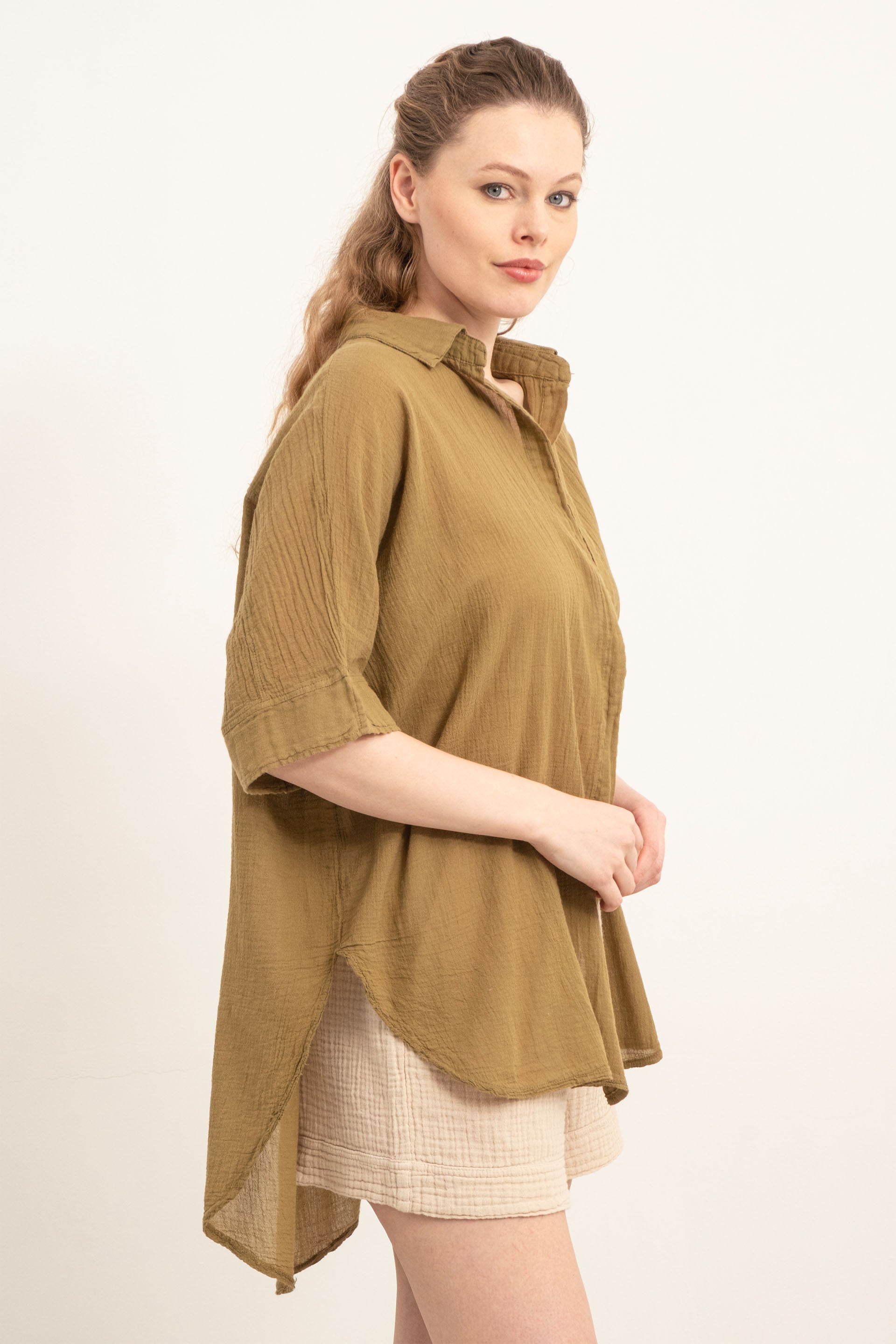 İnce Düğmesiz Oversize Gömlek #Renk_ Haki