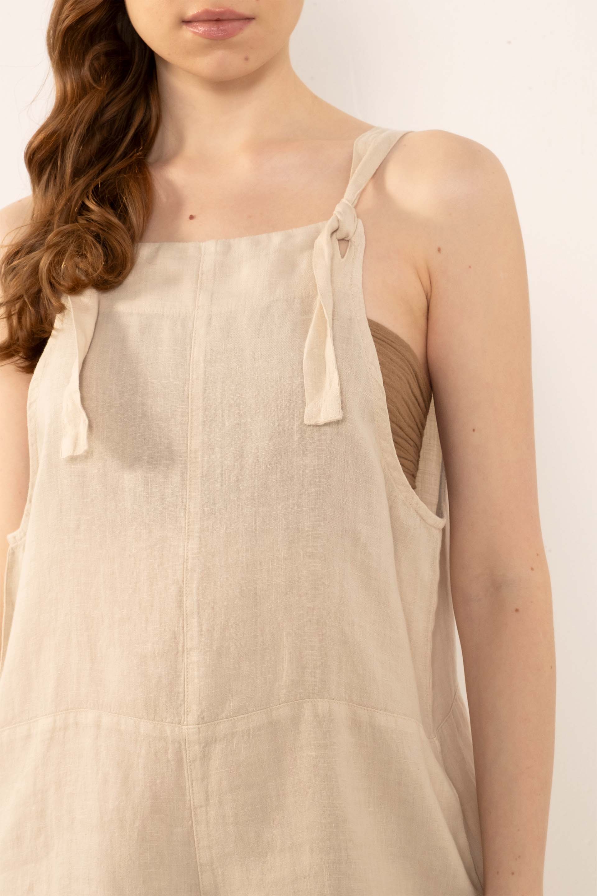 Saf Keten Cepli Kısa Tulum #Renk_ Bej