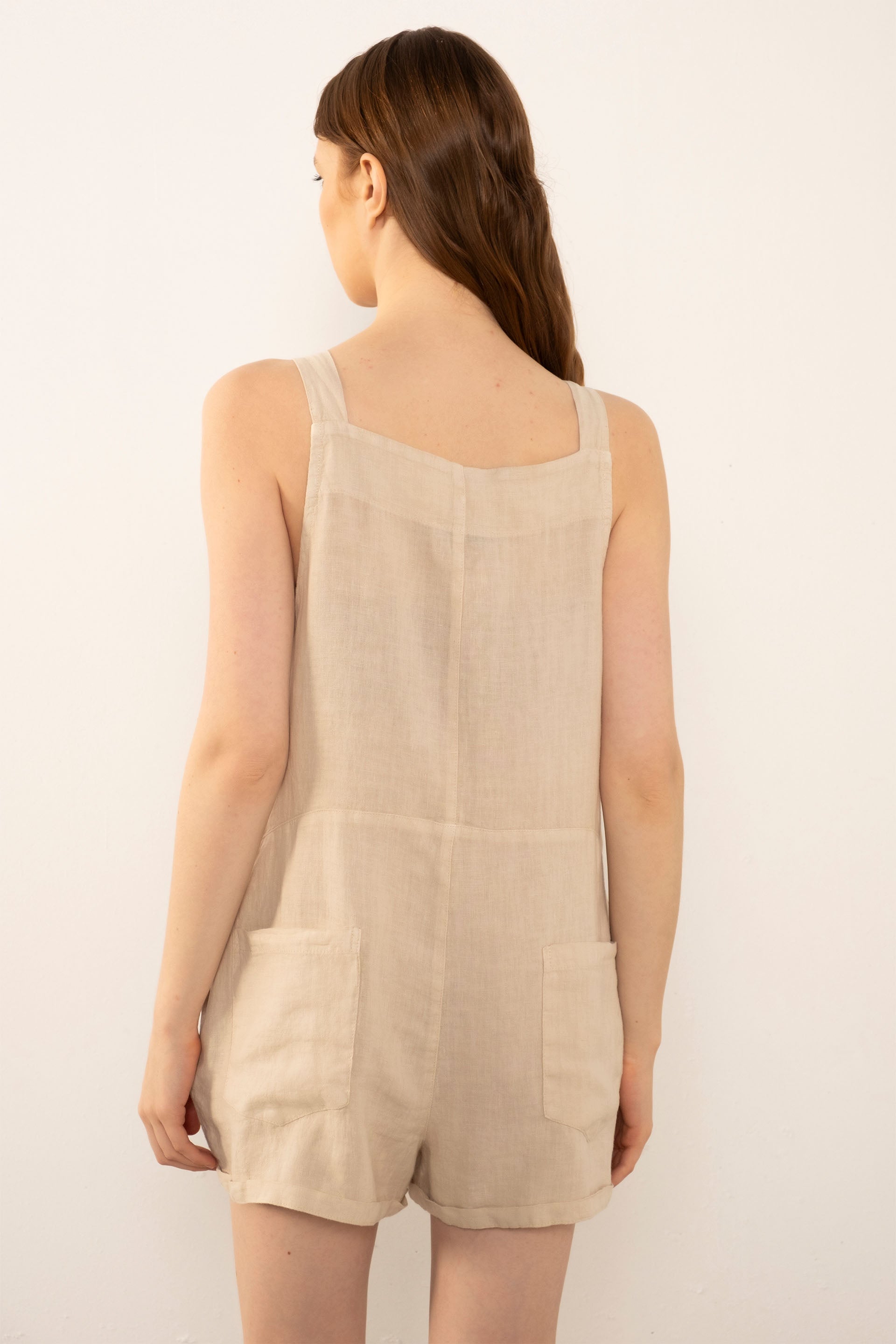 Saf Keten Cepli Kısa Tulum #Renk_ Bej