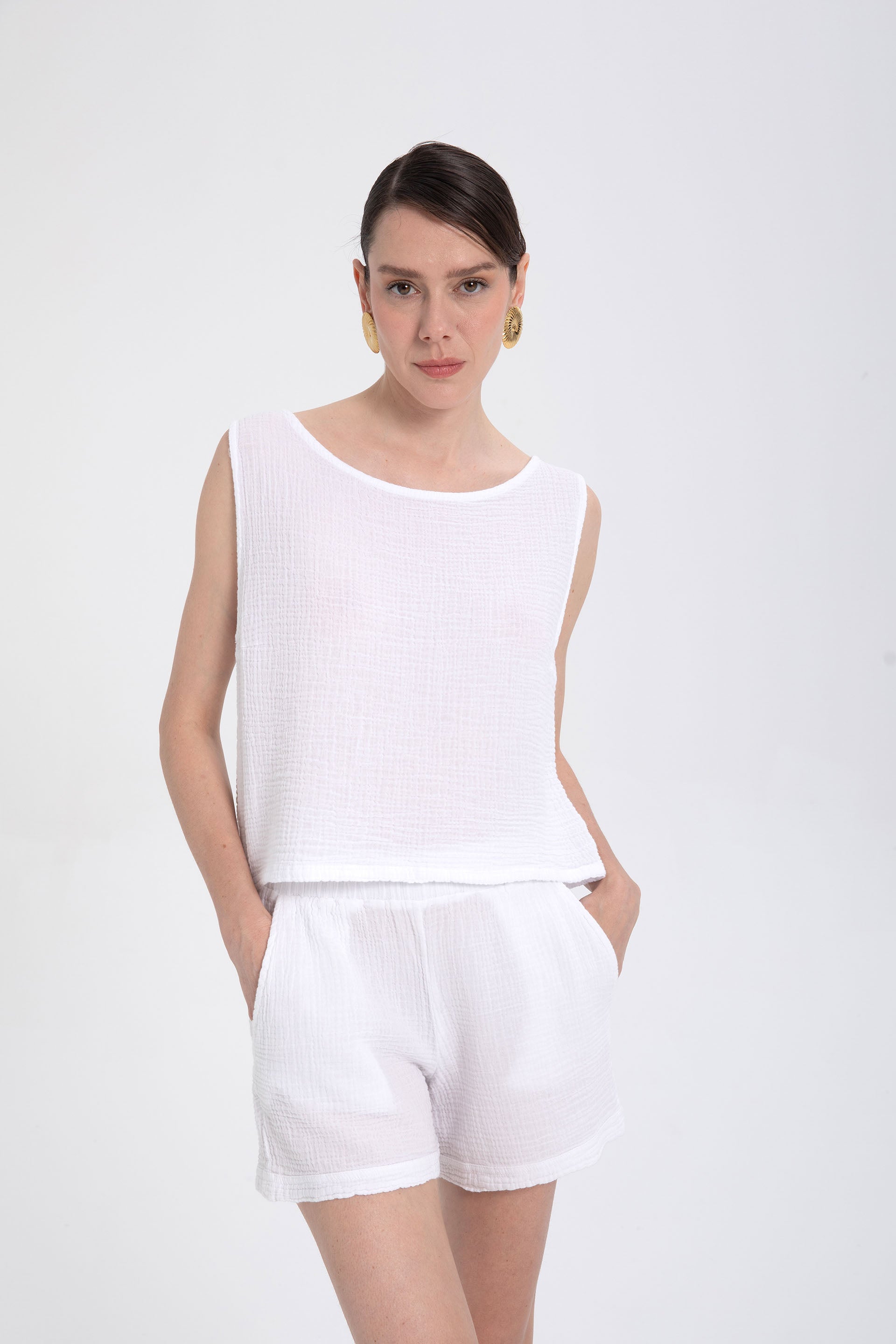 Müslin Kolsuz Kadın Bluz #renk_Beyaz