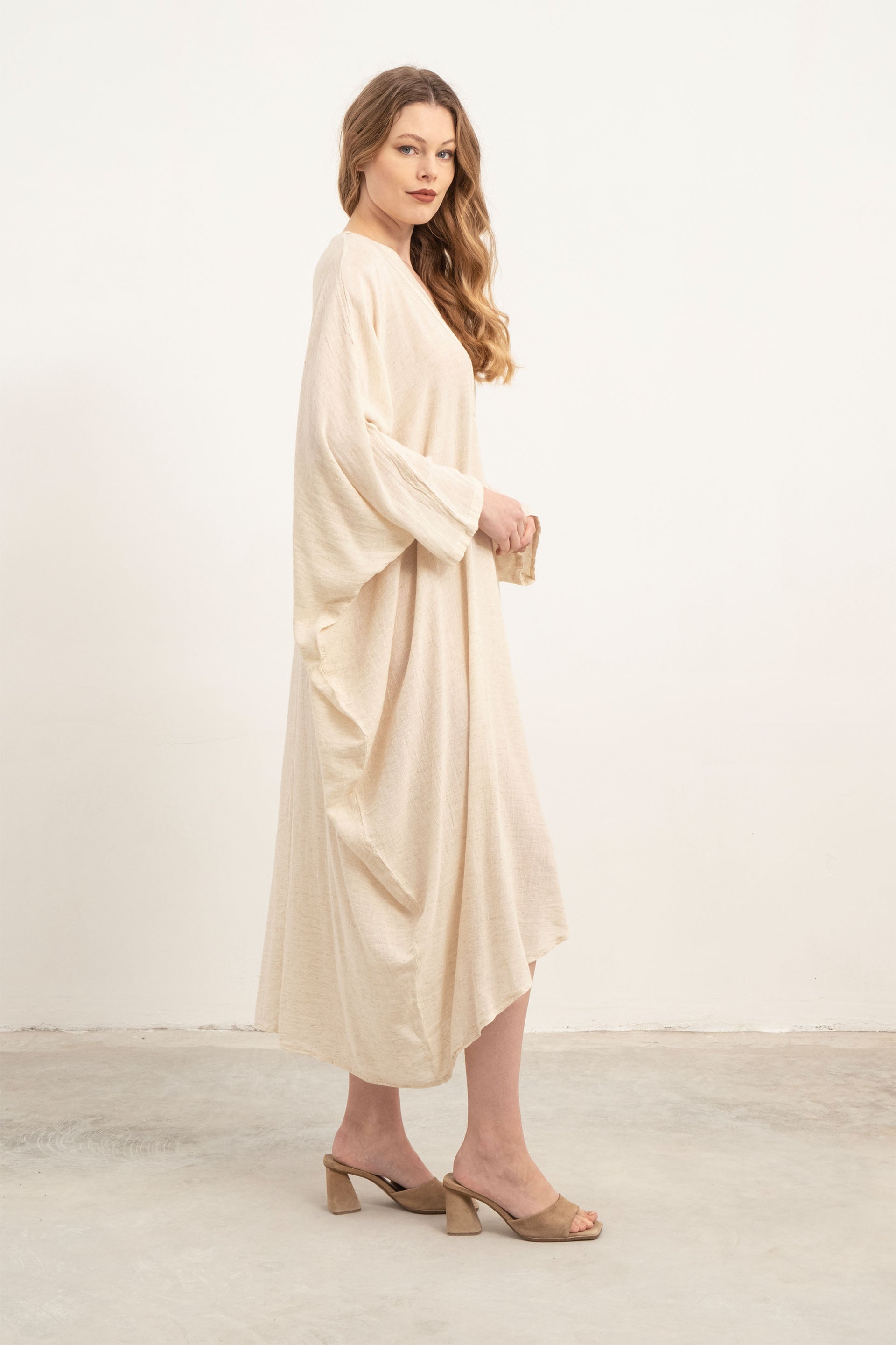 Keten Karışımlı Anvelop Yarasa Kesim Elbise #Renk_ Doğal