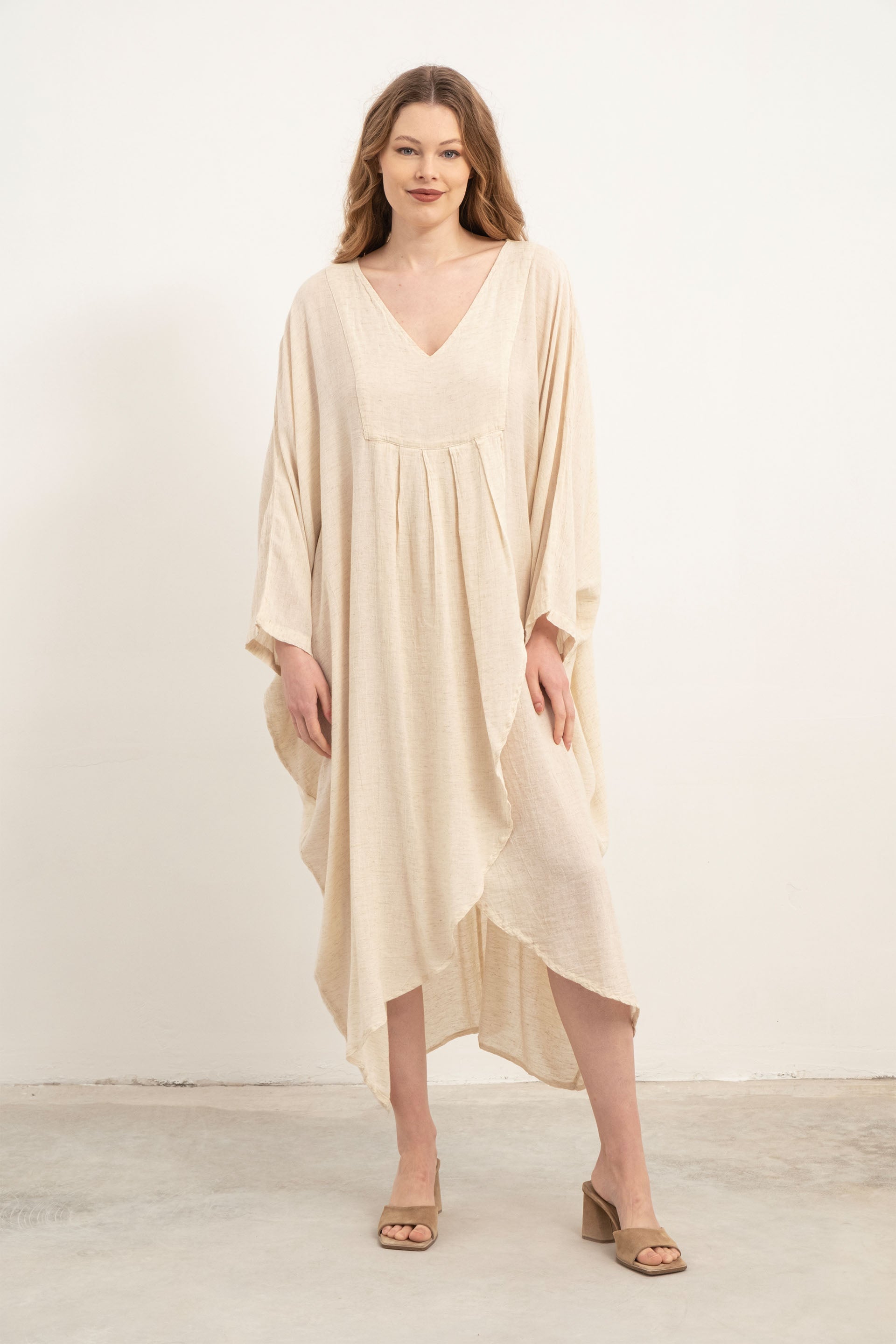 Keten Karışımlı Anvelop Yarasa Kesim Elbise #Renk_ Doğal