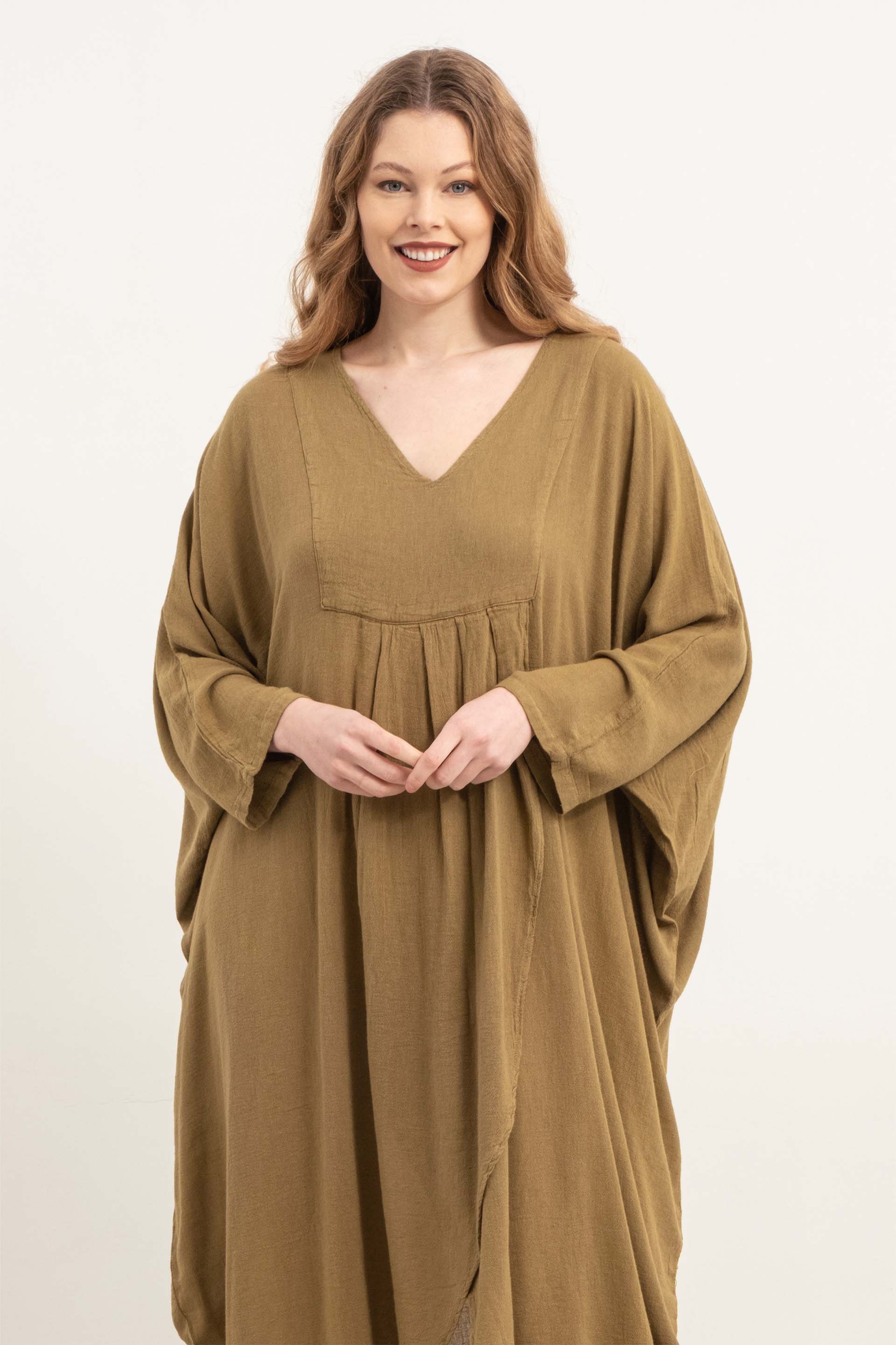 Keten Karışımlı Anvelop Yarasa Kesim Elbise #Renk_ Haki