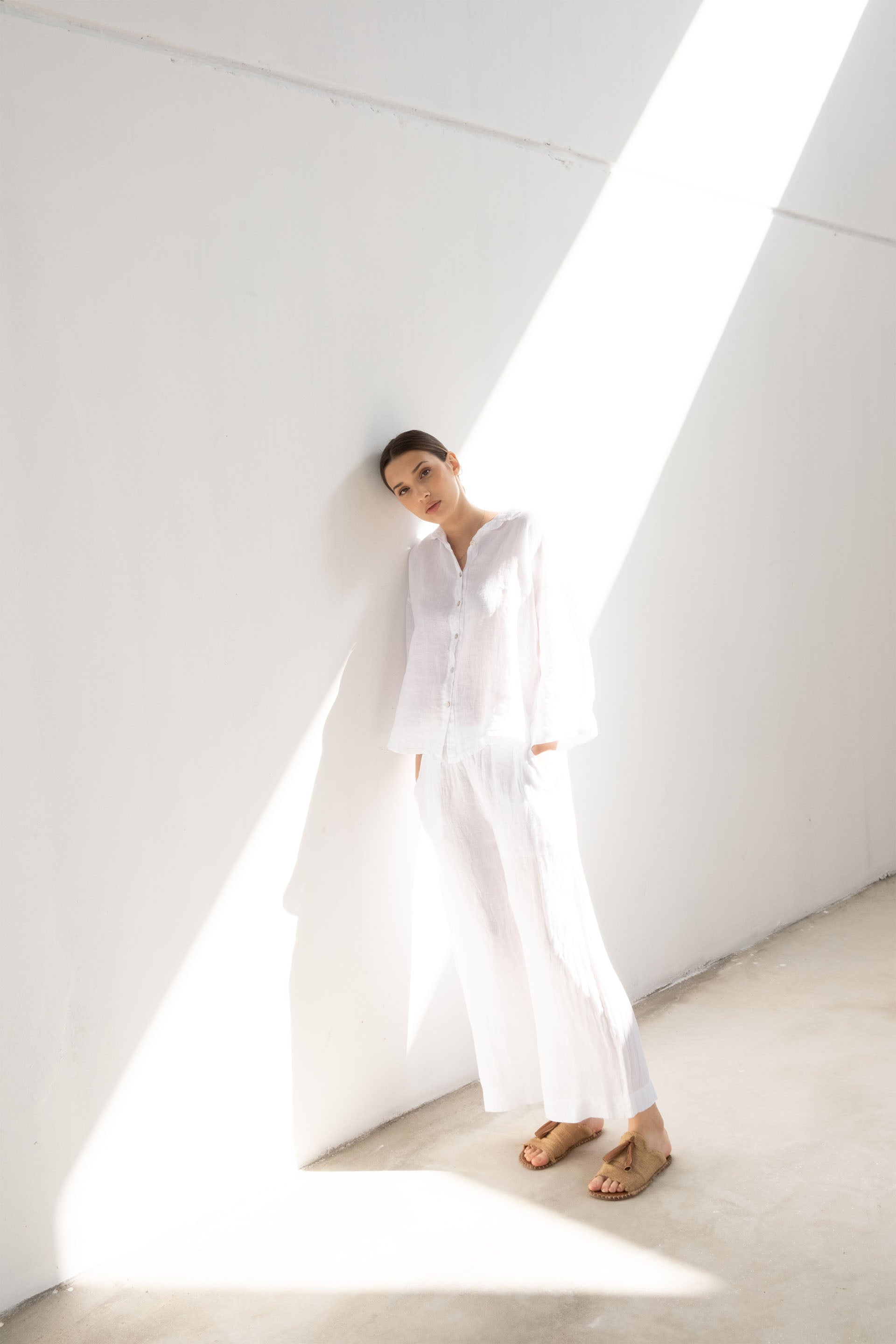 Saf Keten Yarasa Kol Kadın Gömlek #Renk_ Beyaz