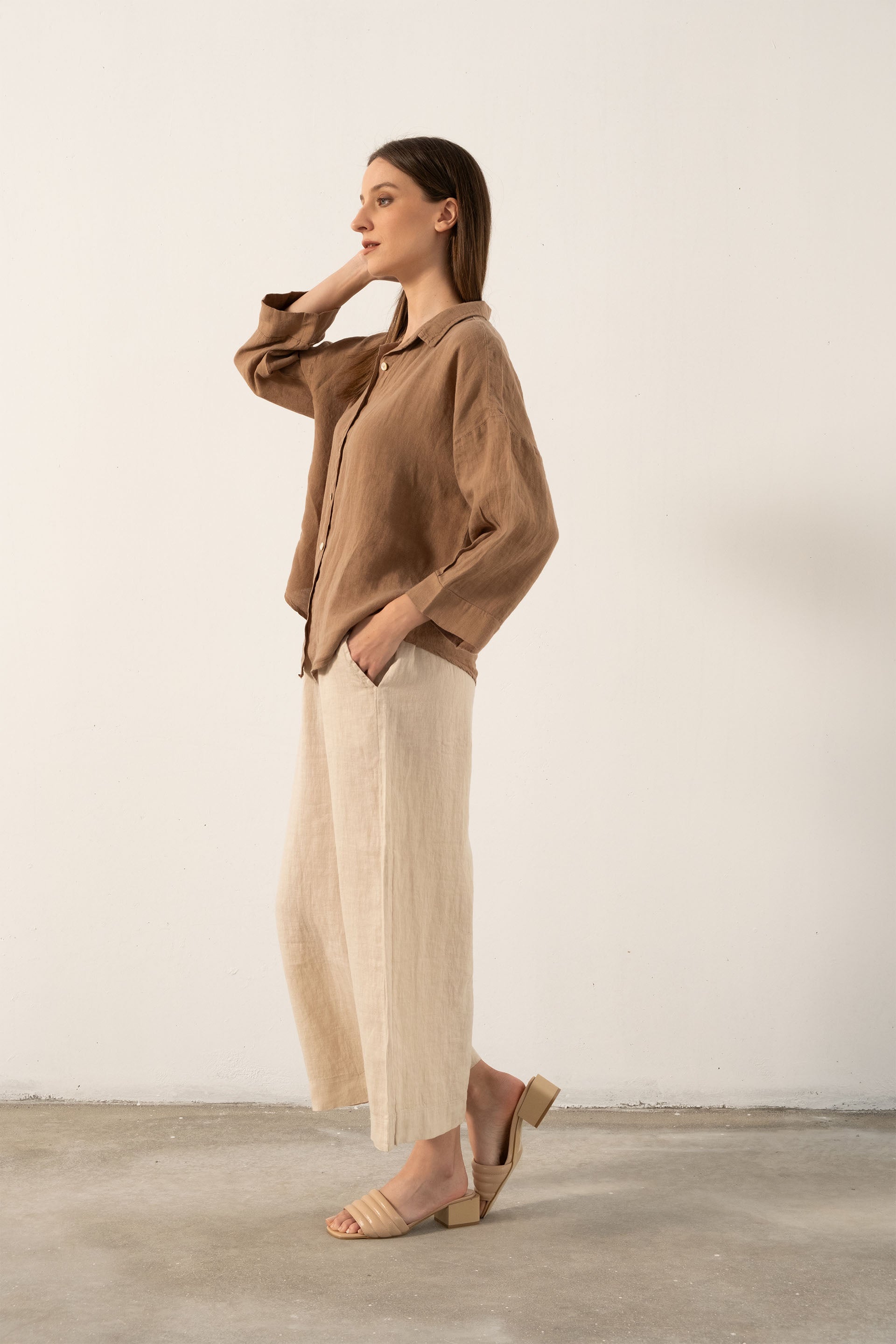 Saf Keten Yarasa Kol Kadın Gömlek #renk_Kahve
