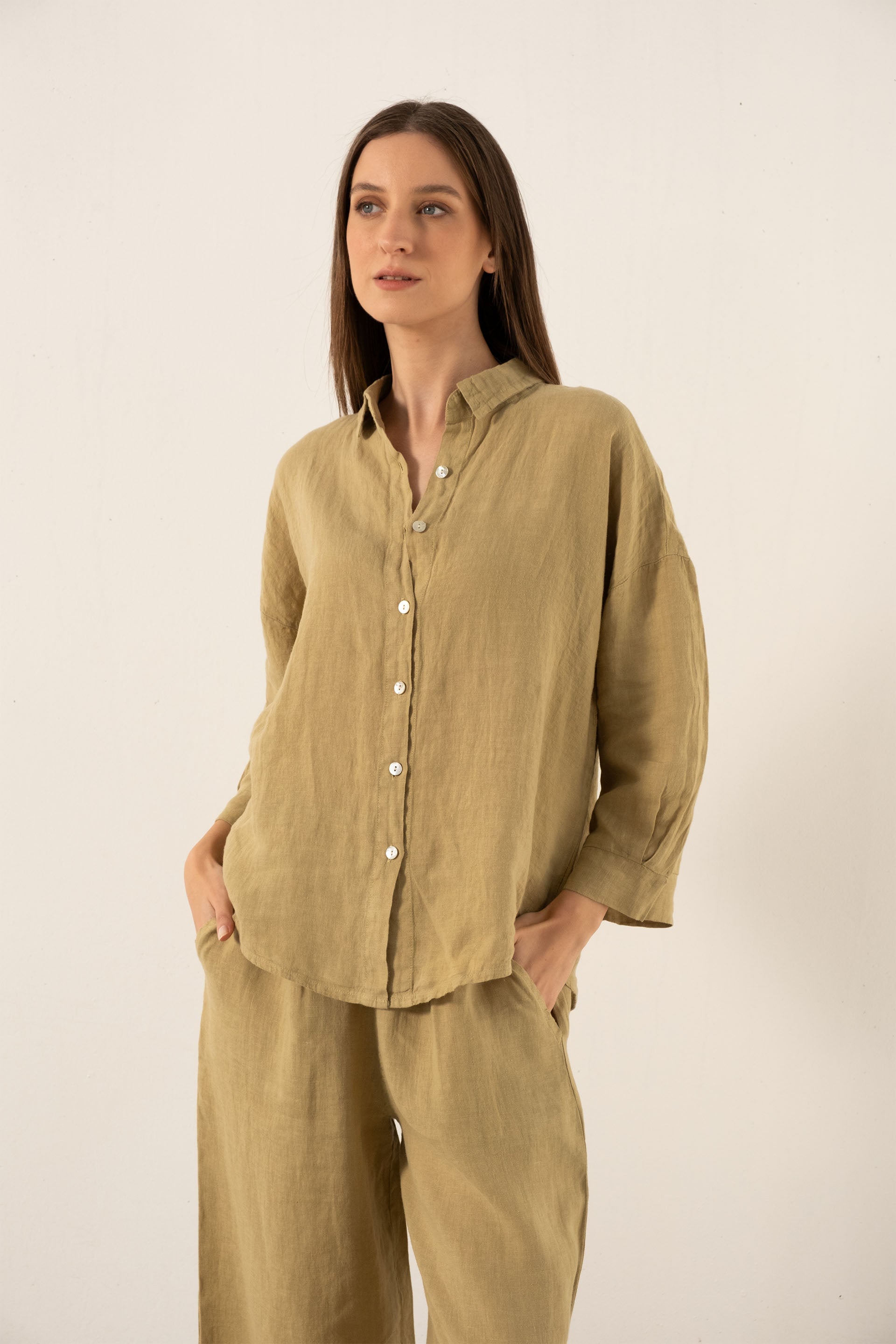 Saf Keten Yarasa Kol Kadın Gömlek #Renk_ Mint