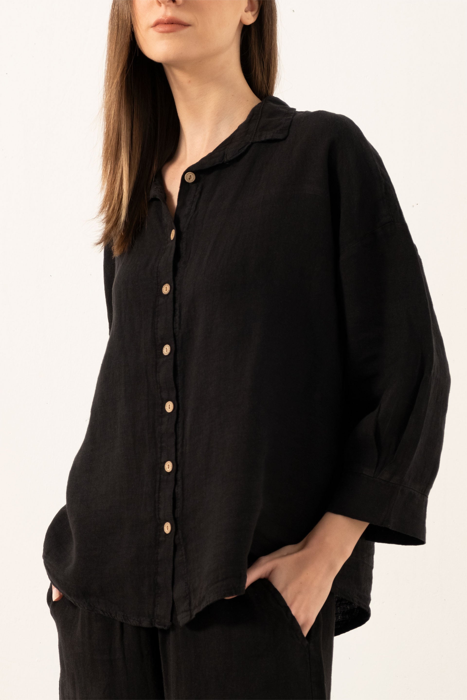 Saf Keten Yarasa Kol Kadın Gömlek #Renk_ Siyah