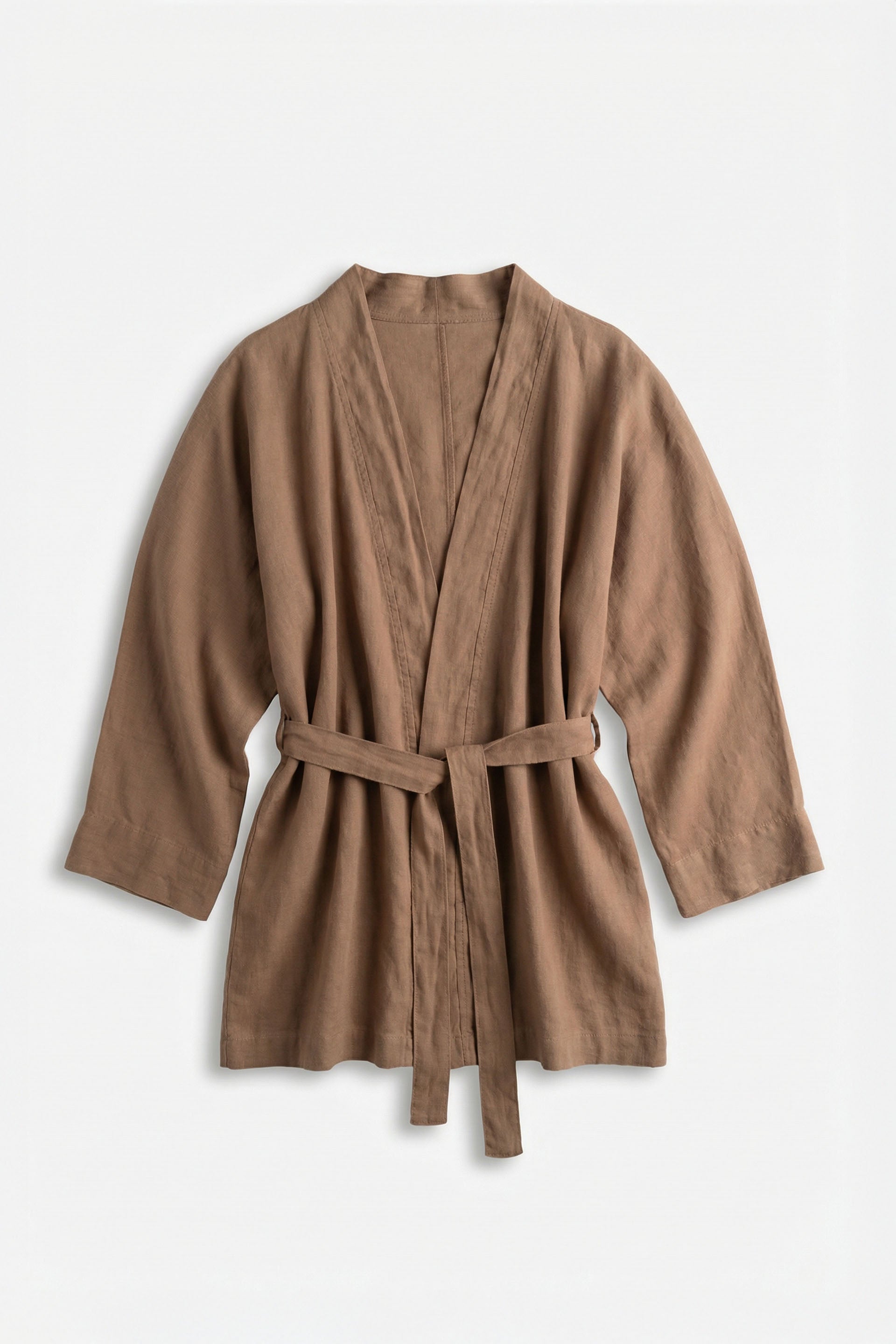 Saf Keten Kadın Kısa Kimono Önü Açık Bağlamalı #renk_Kahve