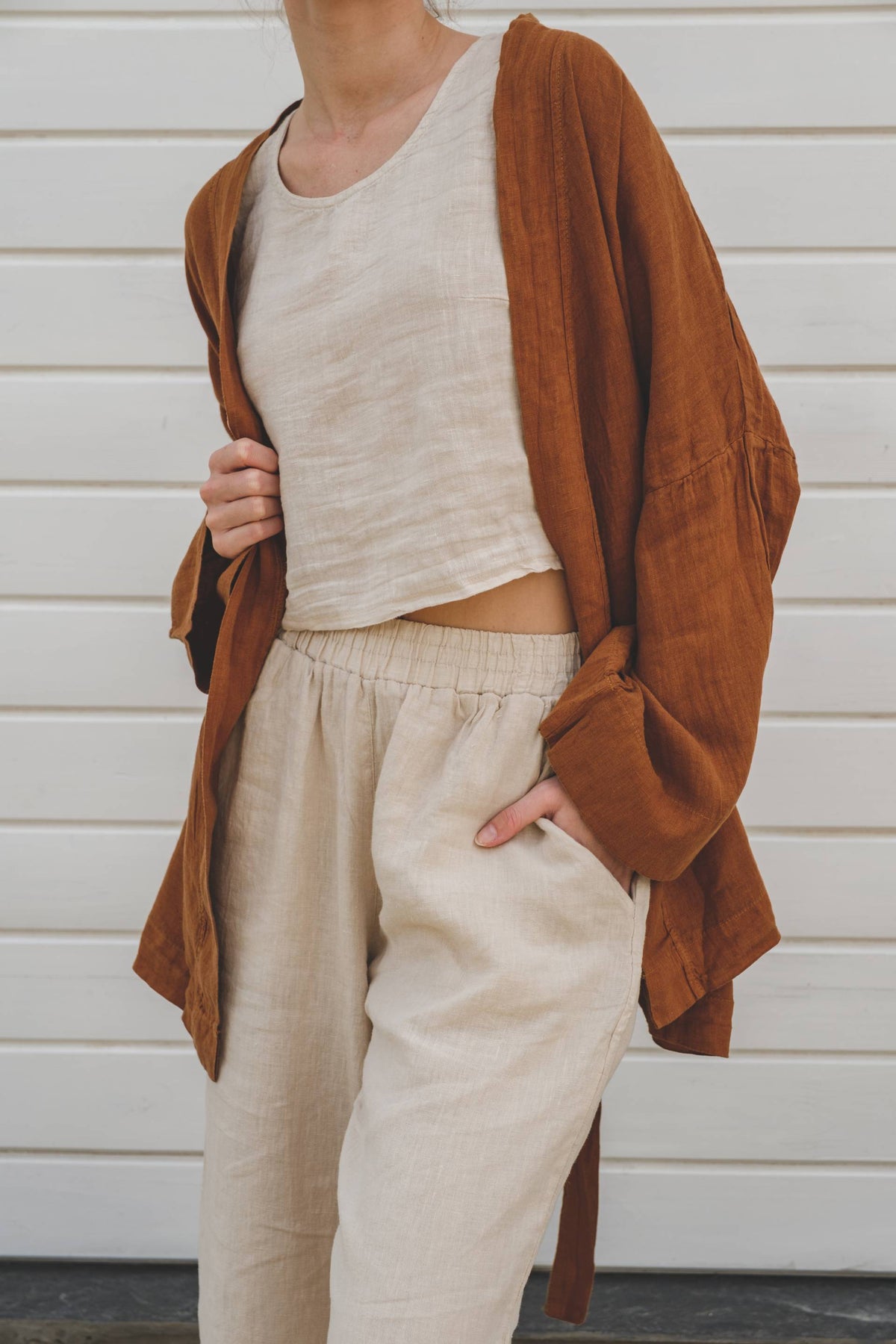 Saf Keten Kısa Kimono #renk_Kiremit
