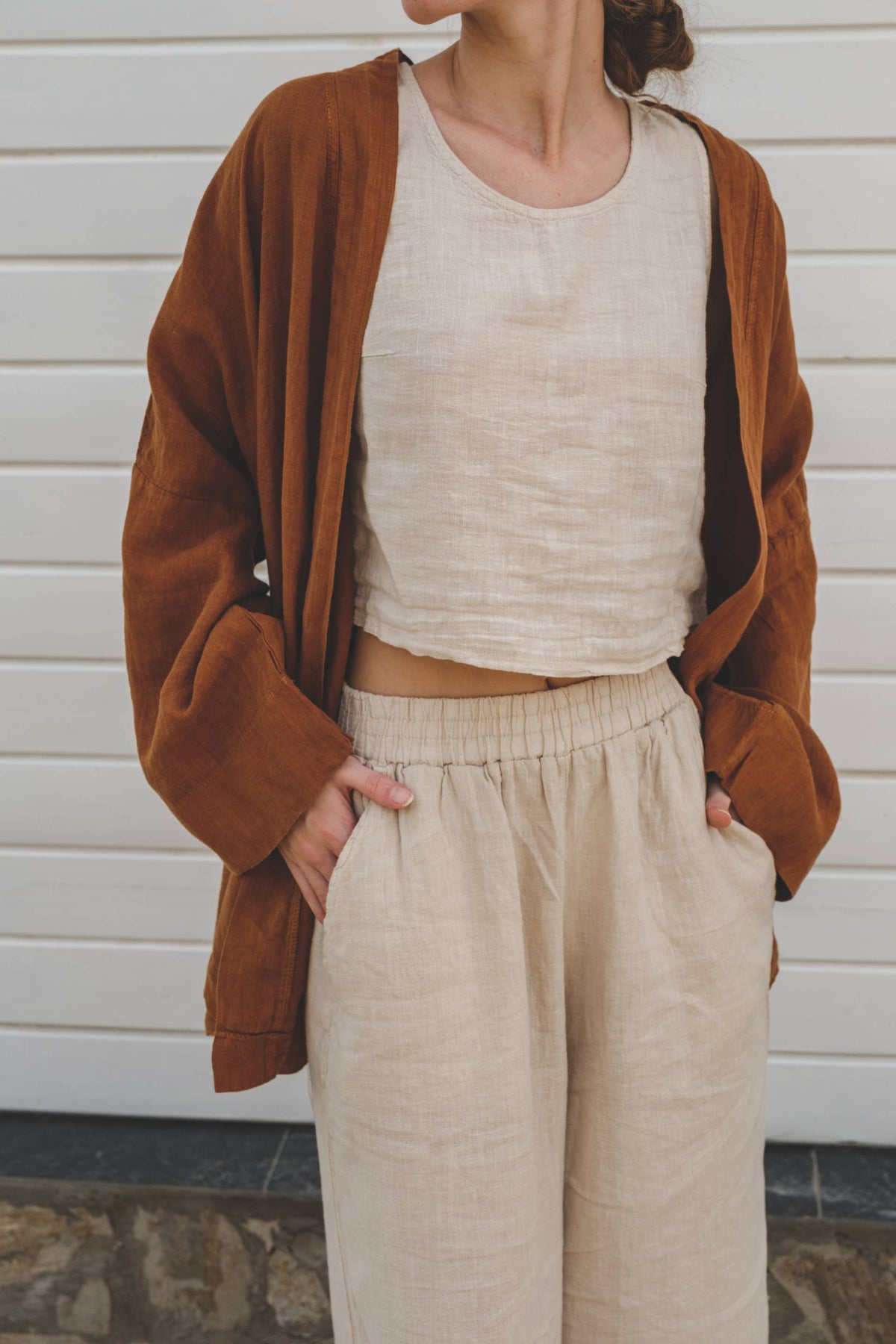 Saf Keten Kısa Kimono #renk_Kiremit