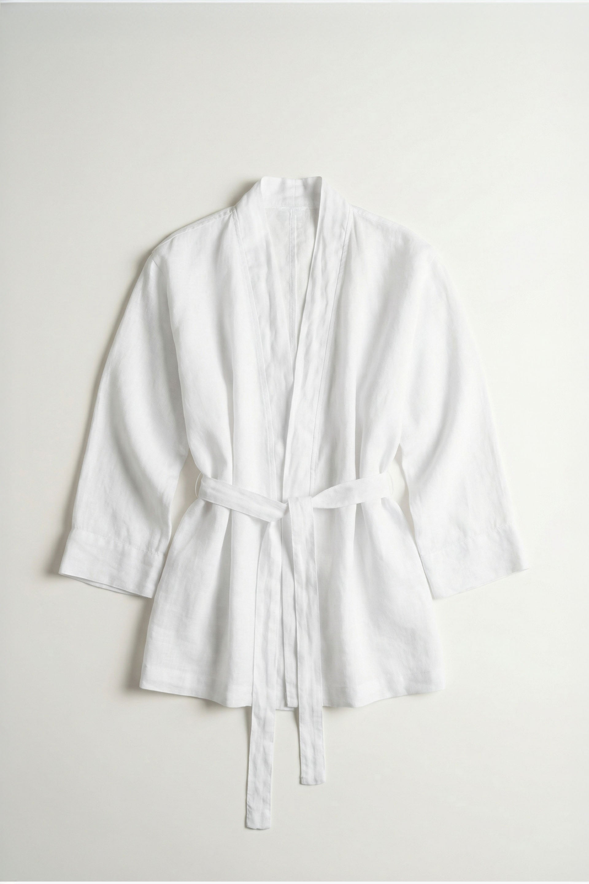 Saf Keten Kadın Kısa Kimono Önü Açık Bağlamalı #renk_Beyaz