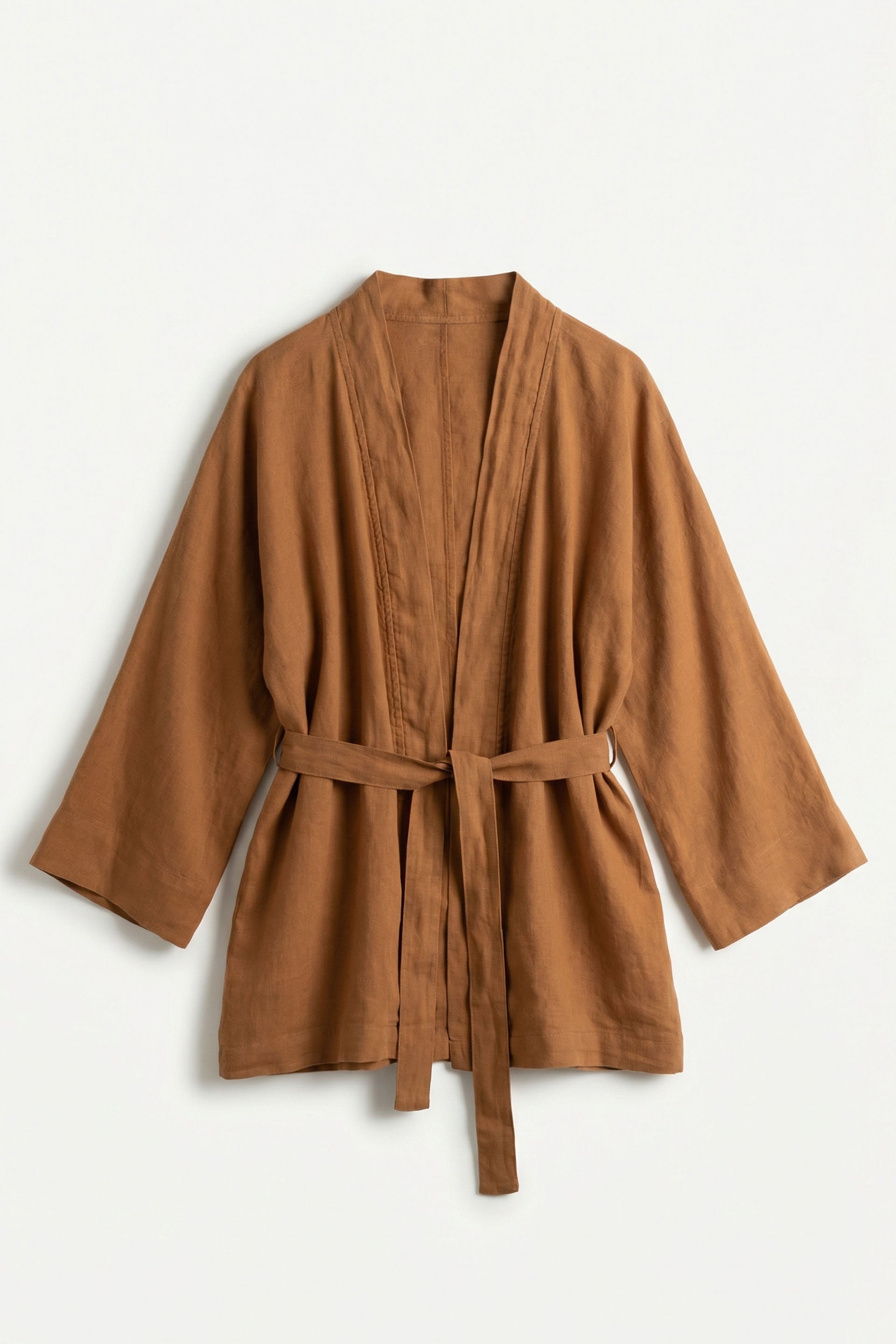 Saf Keten Kadın Kısa Kimono Önü Açık Bağlamalı #renk_Terra Cotta