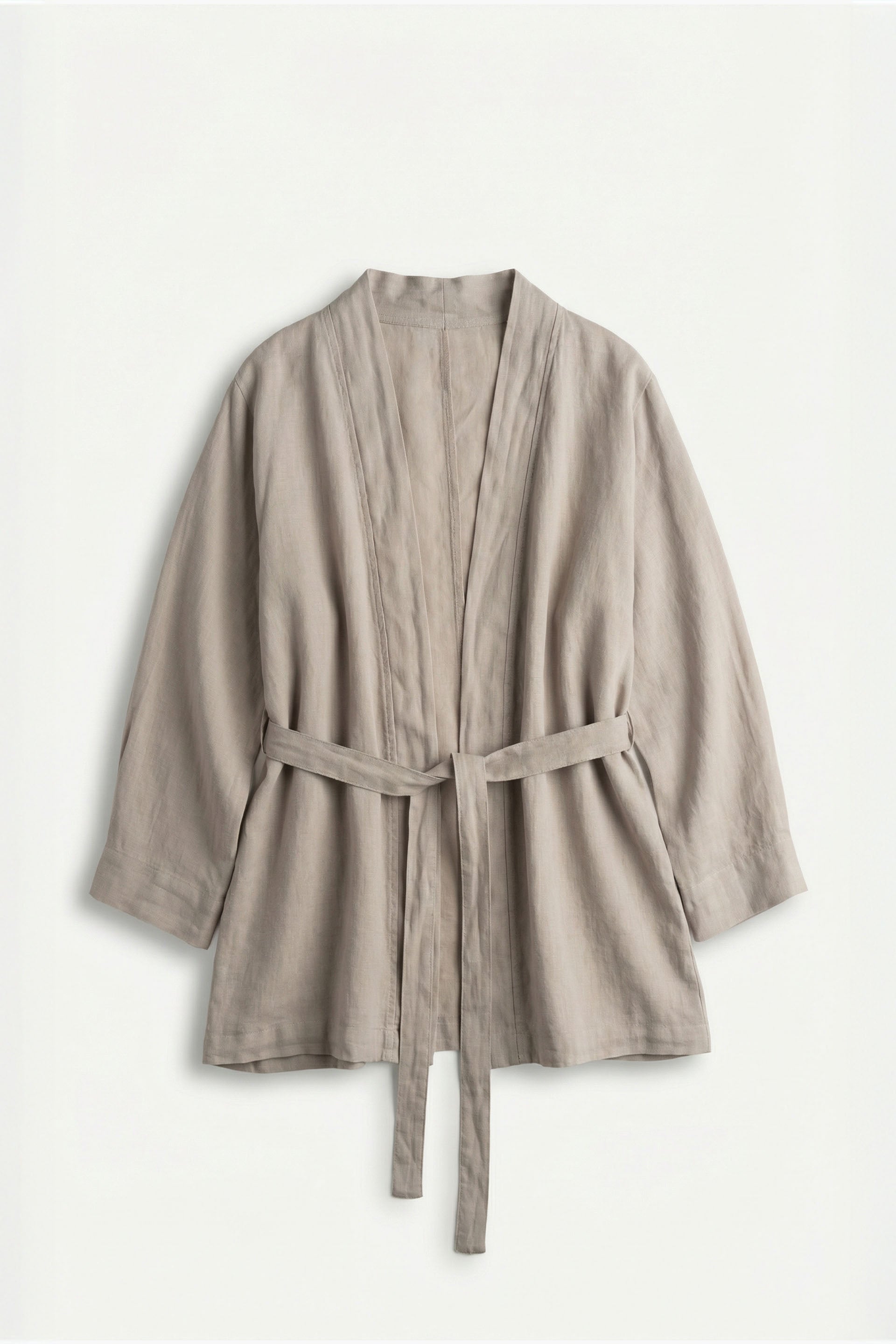 Saf Keten Kadın Kısa Kimono Önü Açık Bağlamalı #renk_Taş Gri
