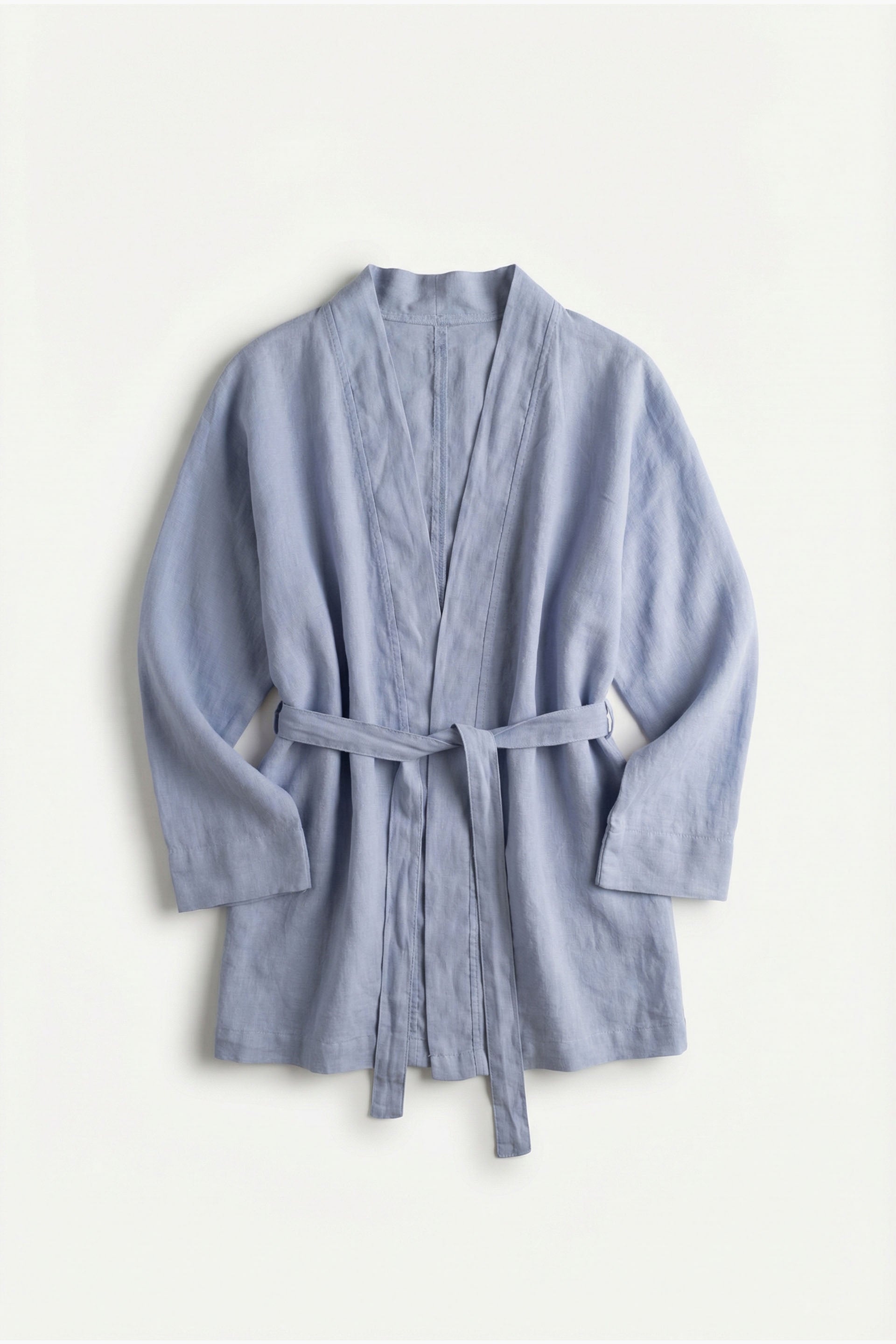 Saf Keten Kadın Kısa Kimono Önü Açık Bağlamalı #renk_Denim Blue