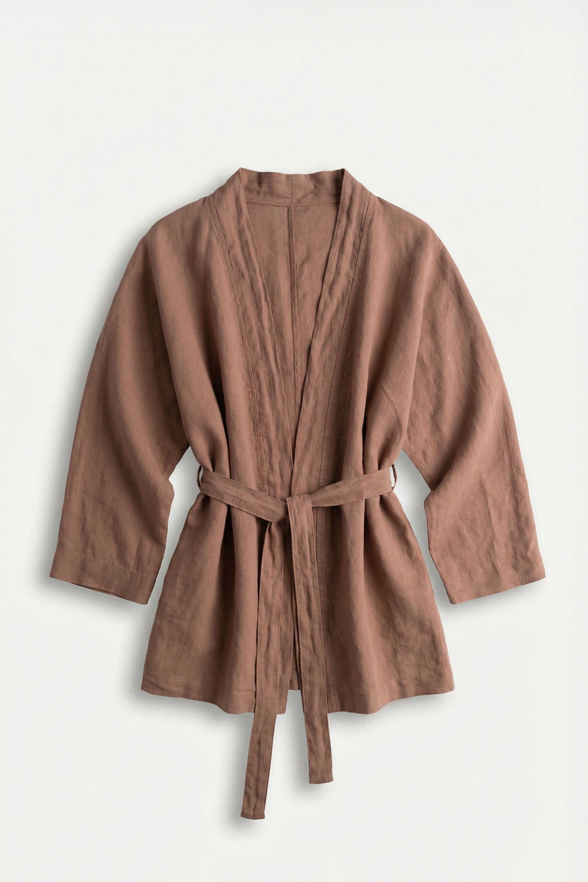 Saf Keten Kadın Kısa Kimono Önü Açık Bağlamalı #renk_Toprak Kahve