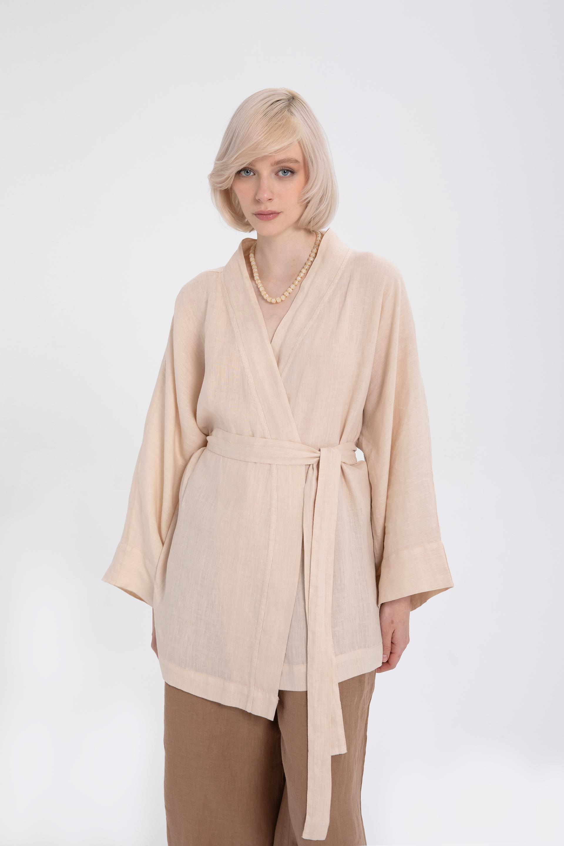 Saf Keten Kısa Kimono #renk_Bej