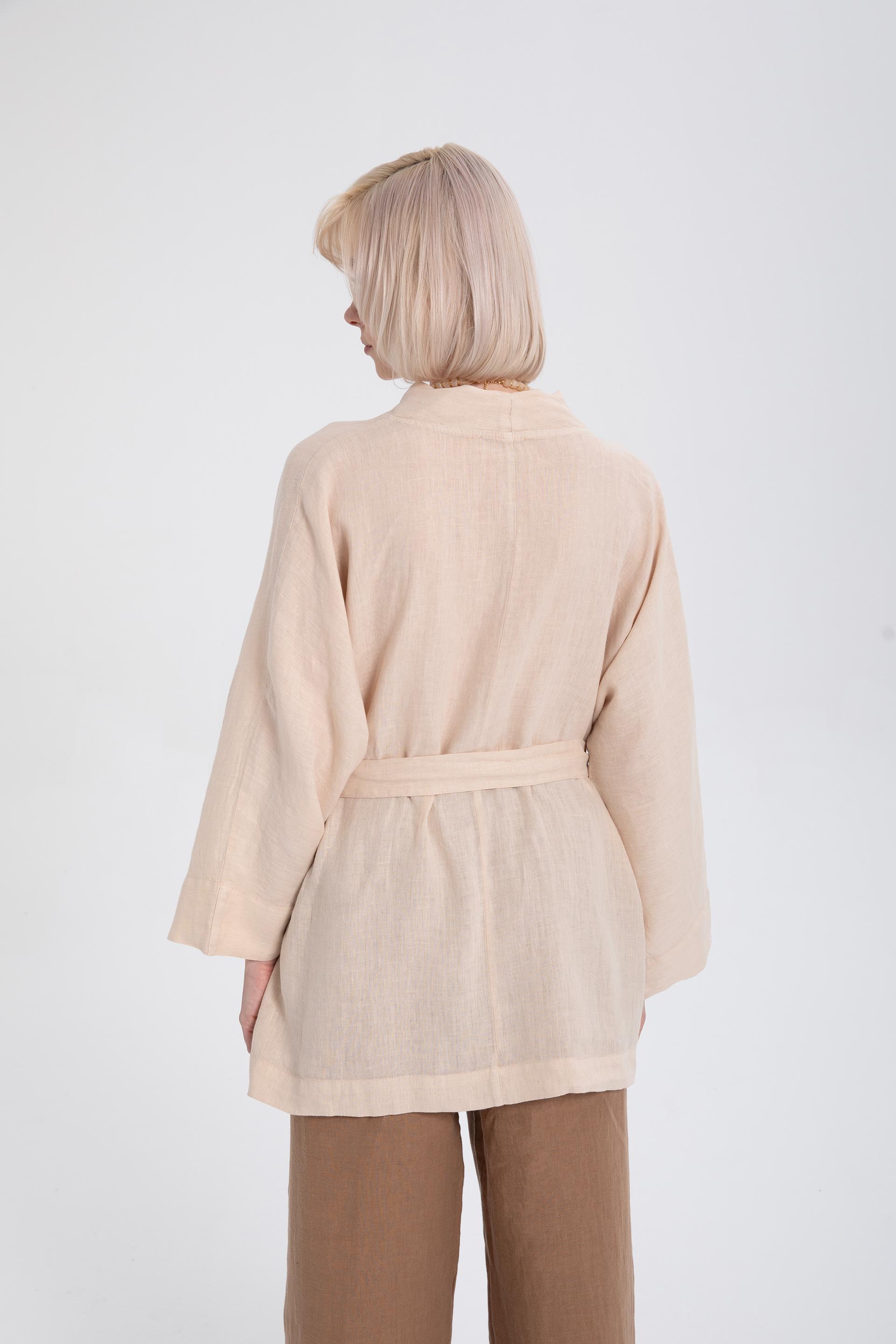 Saf Keten Kısa Kimono #renk_Bej