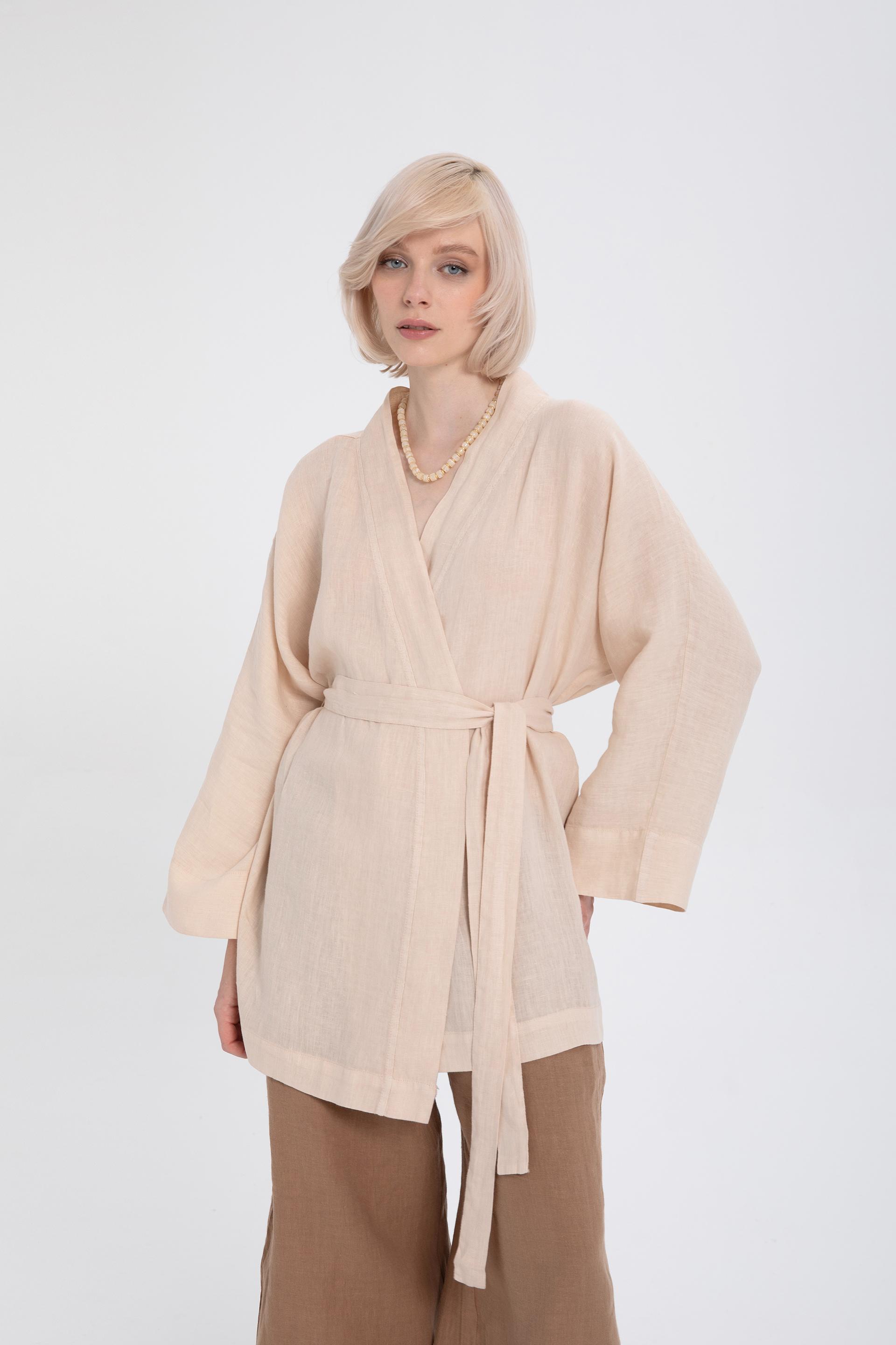 Saf Keten Kısa Kimono #renk_Bej