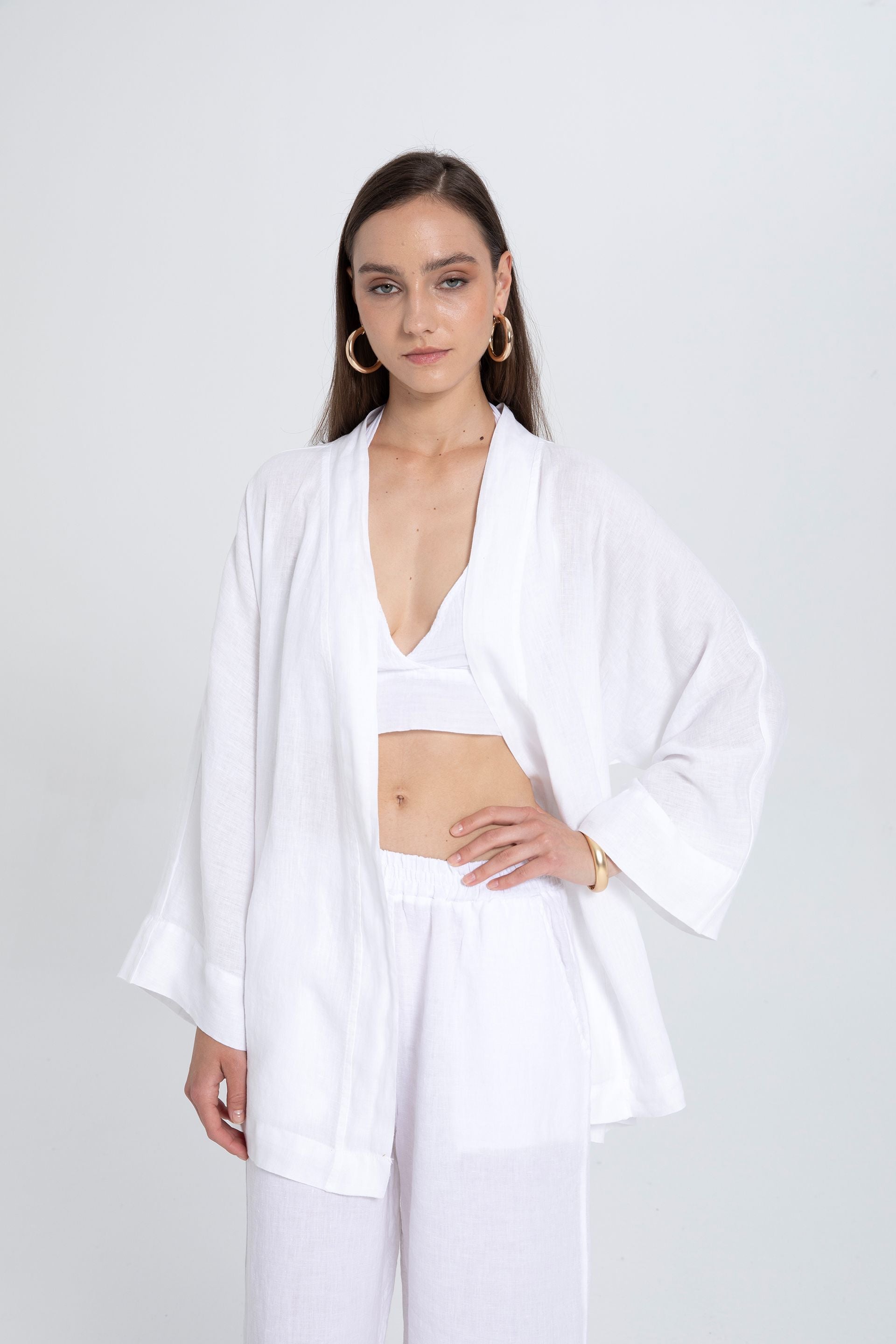 Saf Keten Kısa Kimono #renk_Beyaz