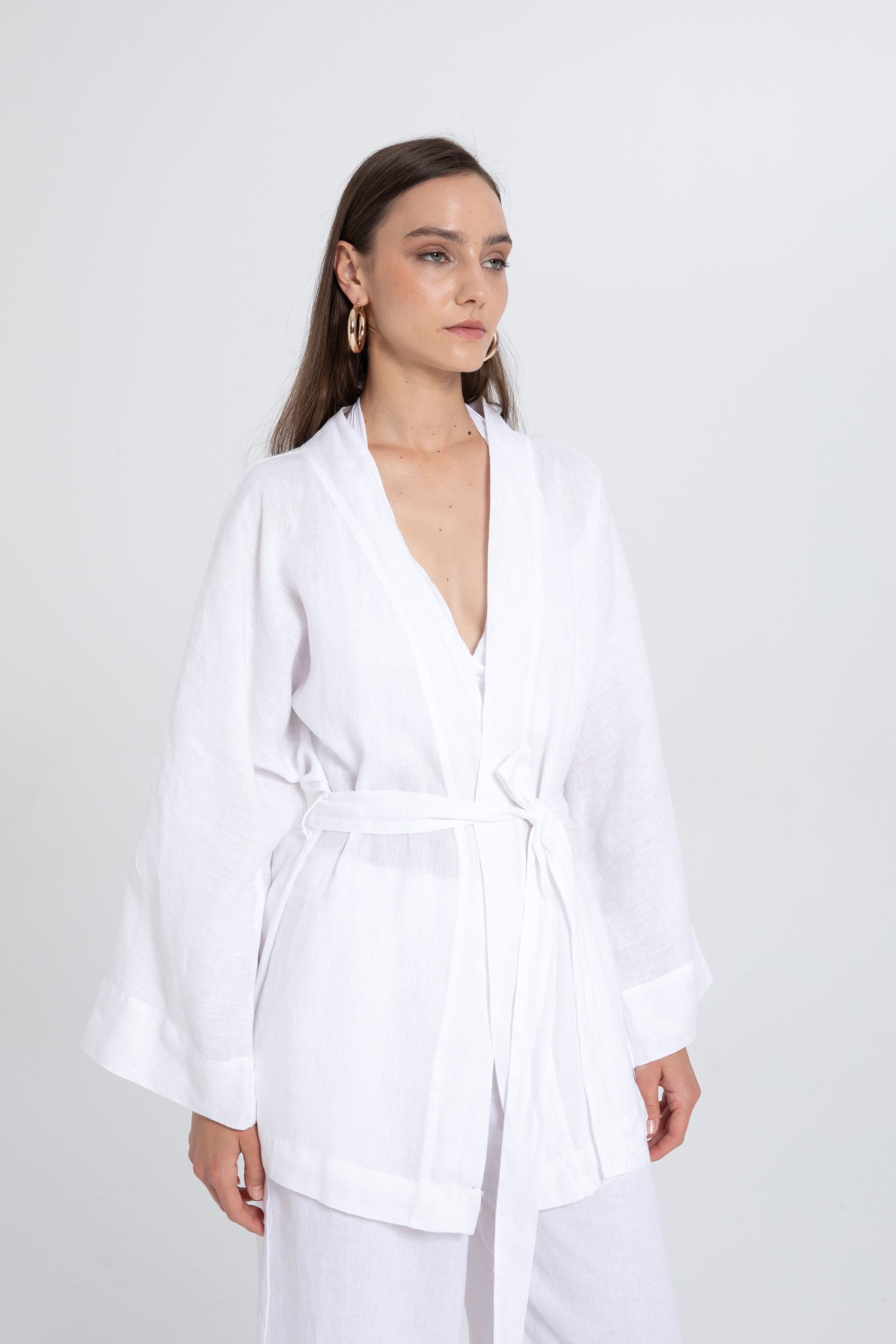 Saf Keten Kısa Kimono #renk_Beyaz