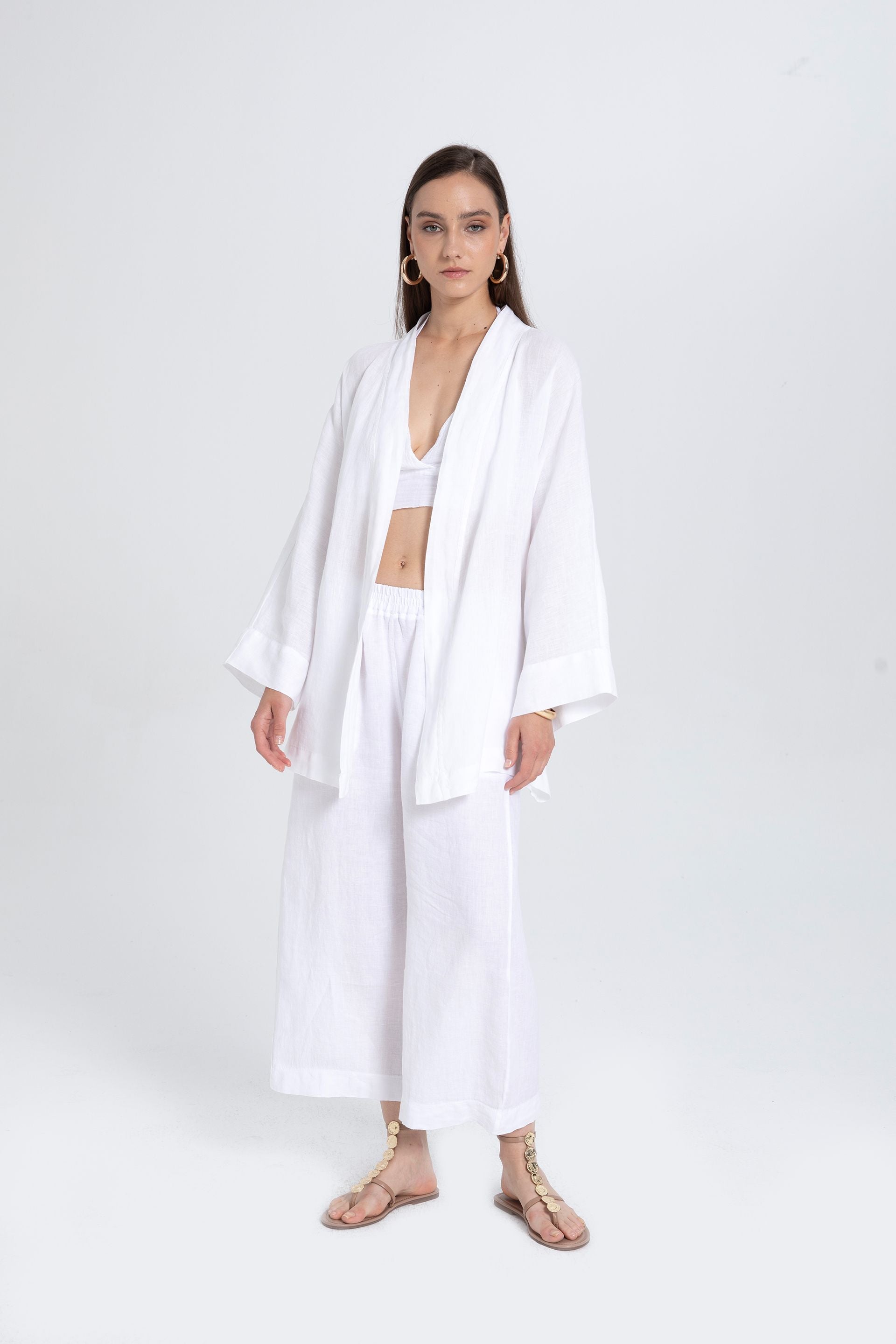 Saf Keten Kısa Kimono #renk_Beyaz