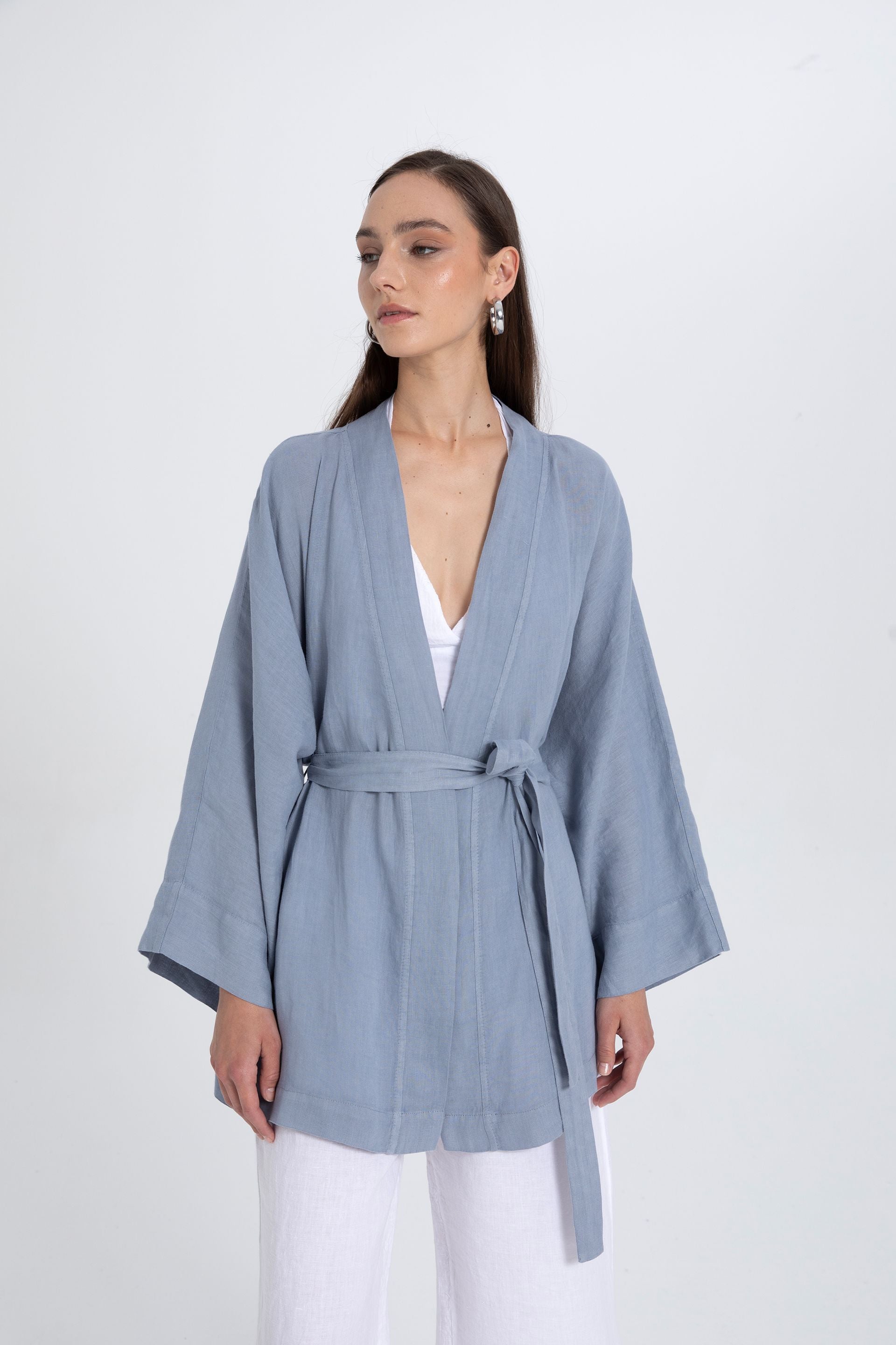 Saf Keten Kısa Kimono #renk_Buz Mavi