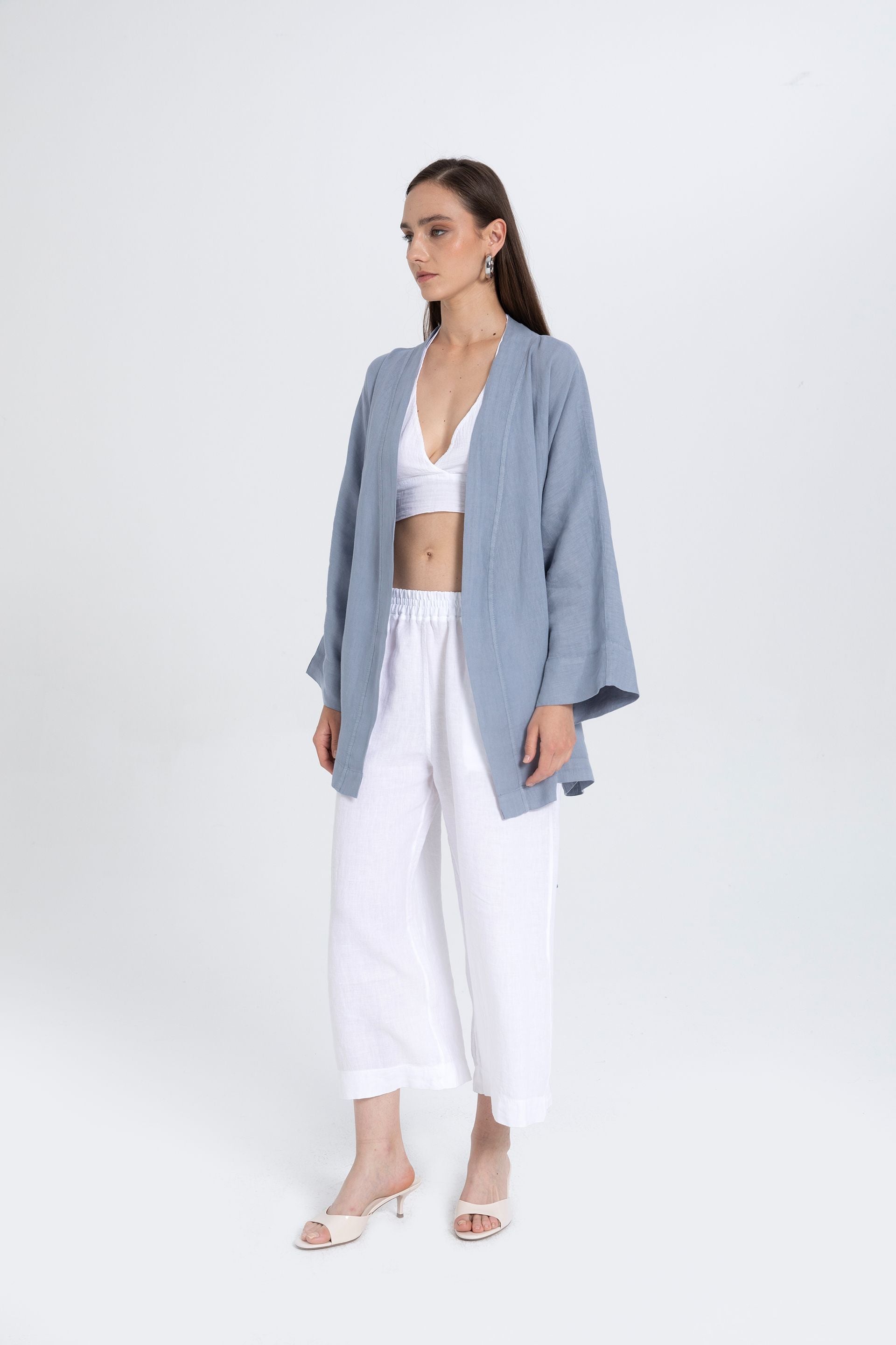 Saf Keten Kısa Kimono #renk_Buz Mavi