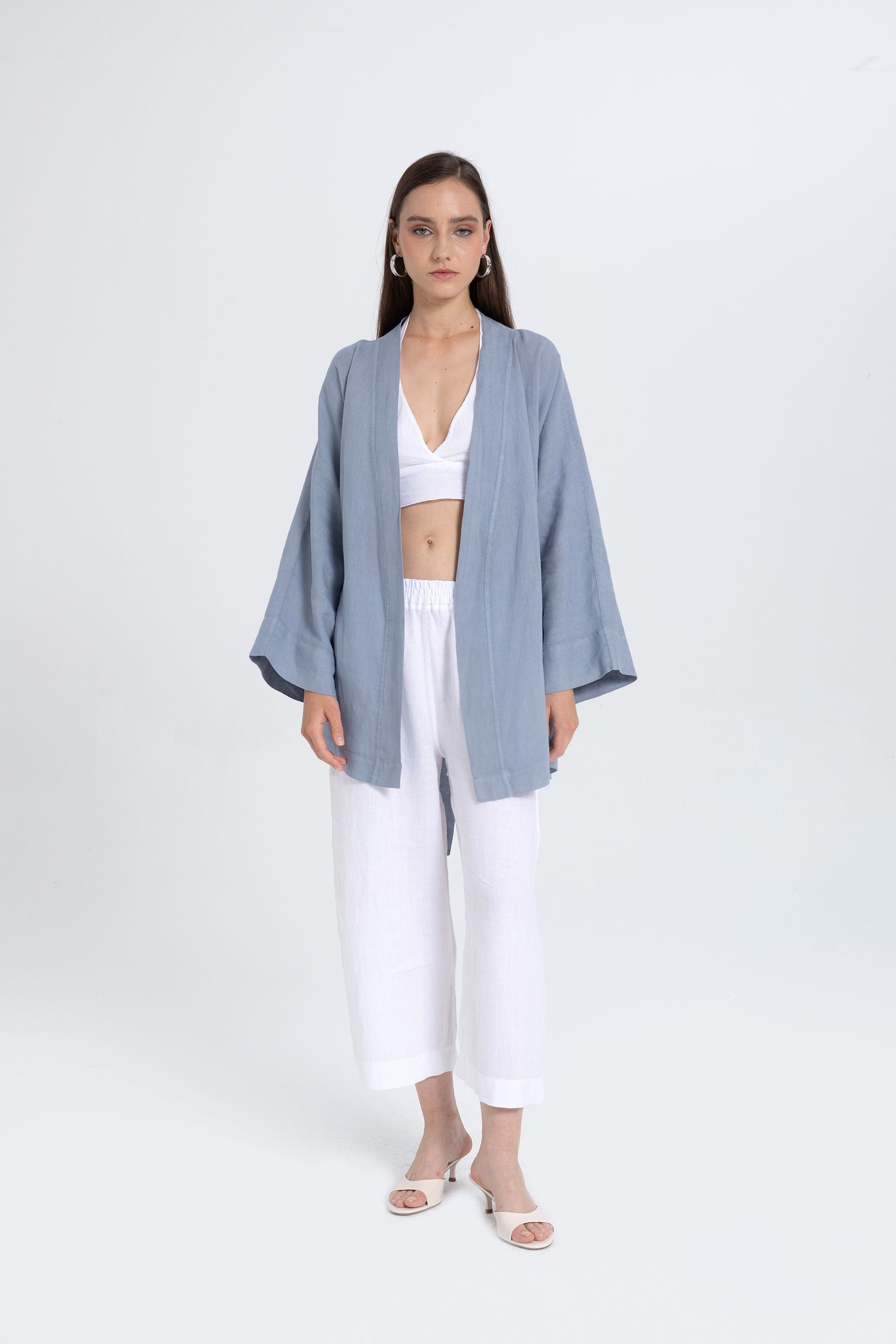Saf Keten Kısa Kimono #renk_Buz Mavi