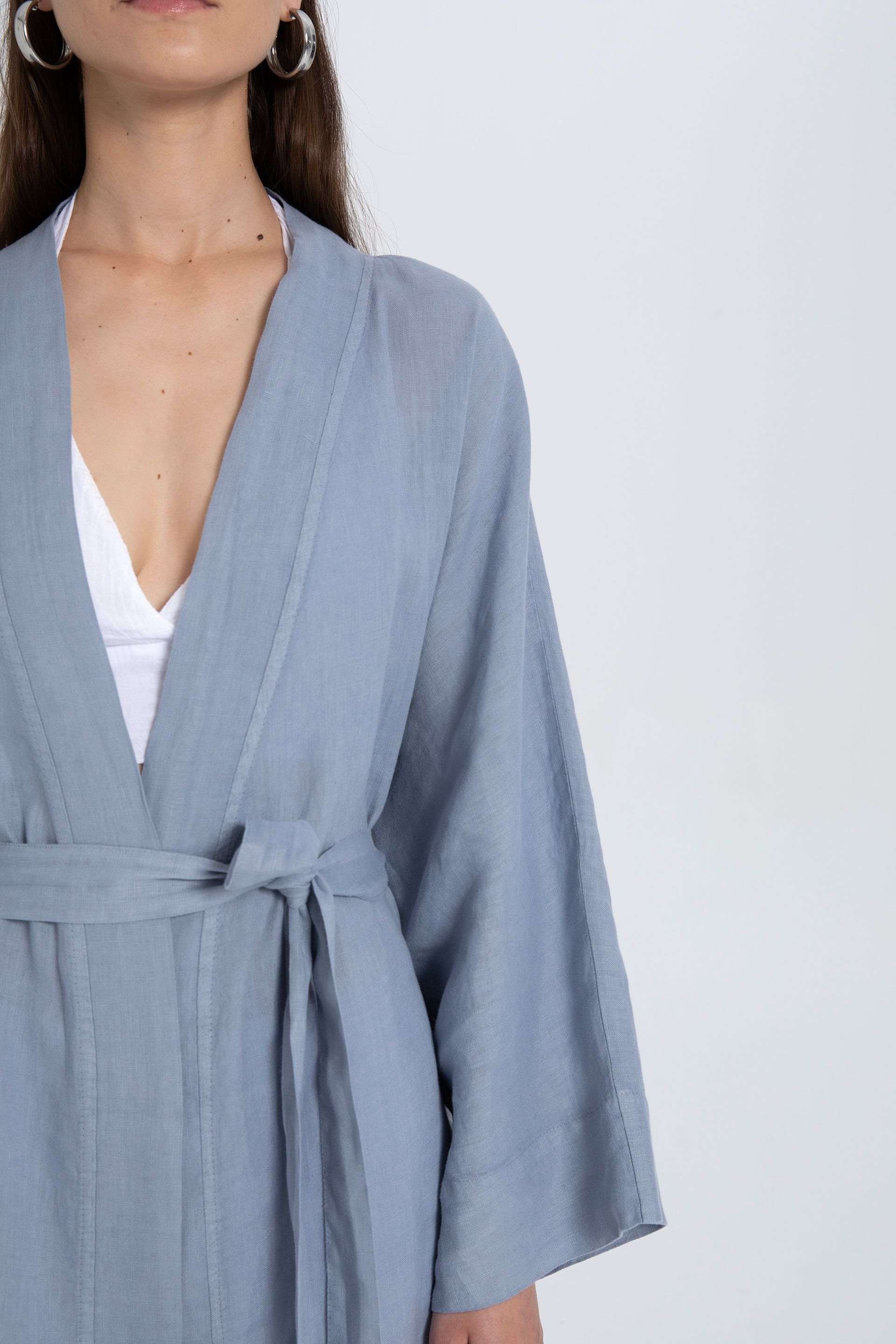 Saf Keten Kısa Kimono #renk_Buz Mavi