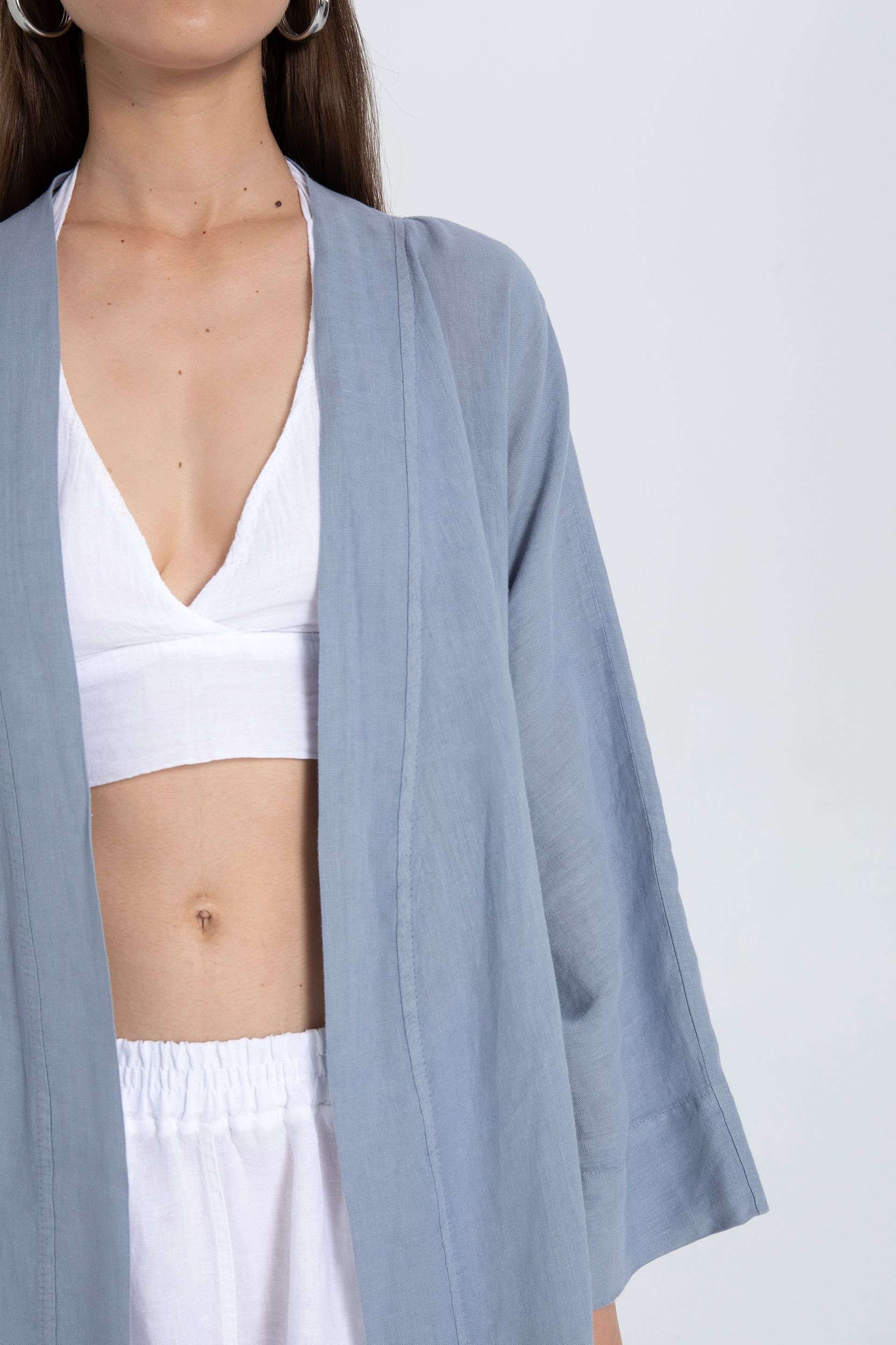 Saf Keten Kısa Kimono #renk_Buz Mavi