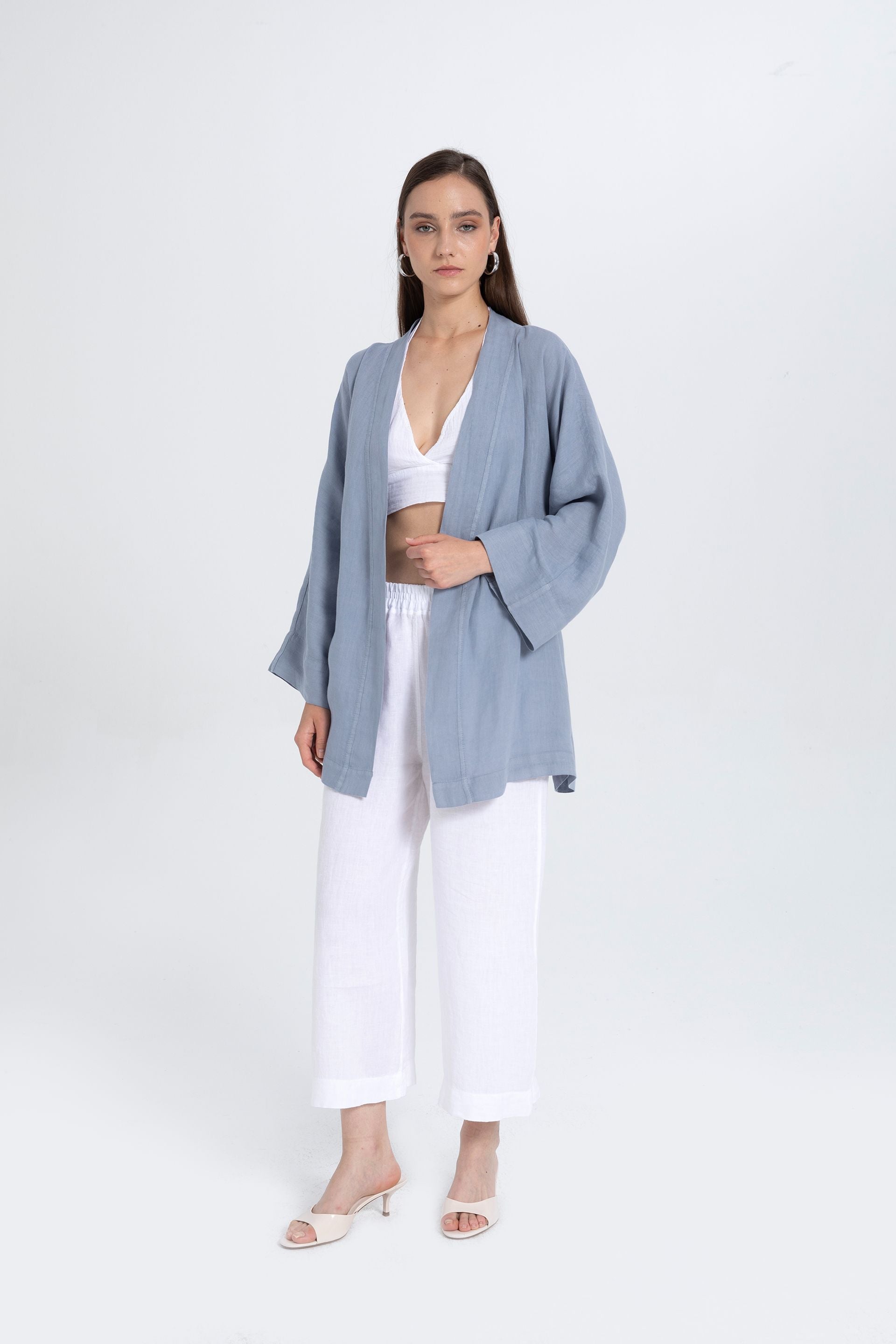 Saf Keten Kısa Kimono #renk_Buz Mavi
