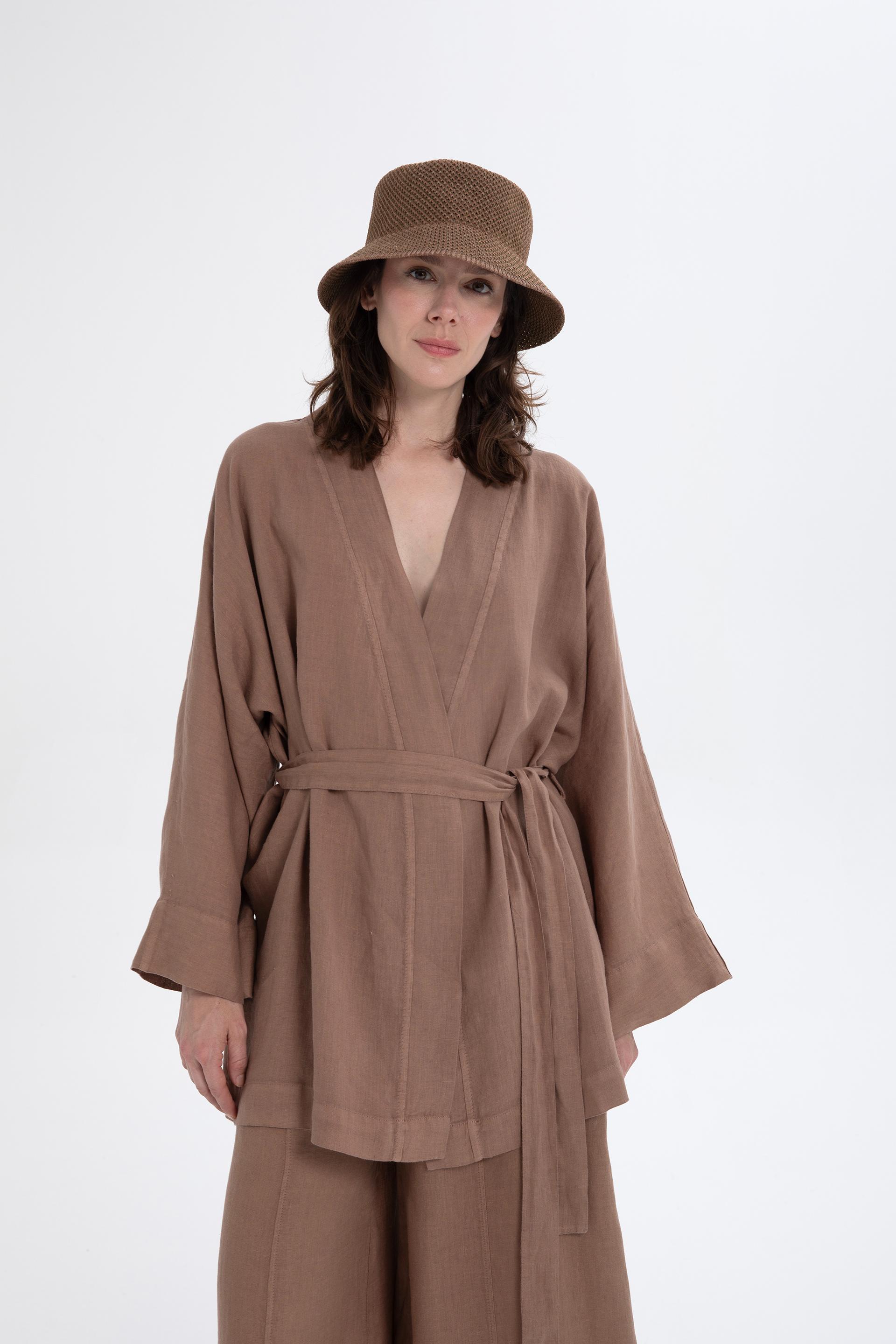 Saf Keten Kısa Kimono #renk_Kahve