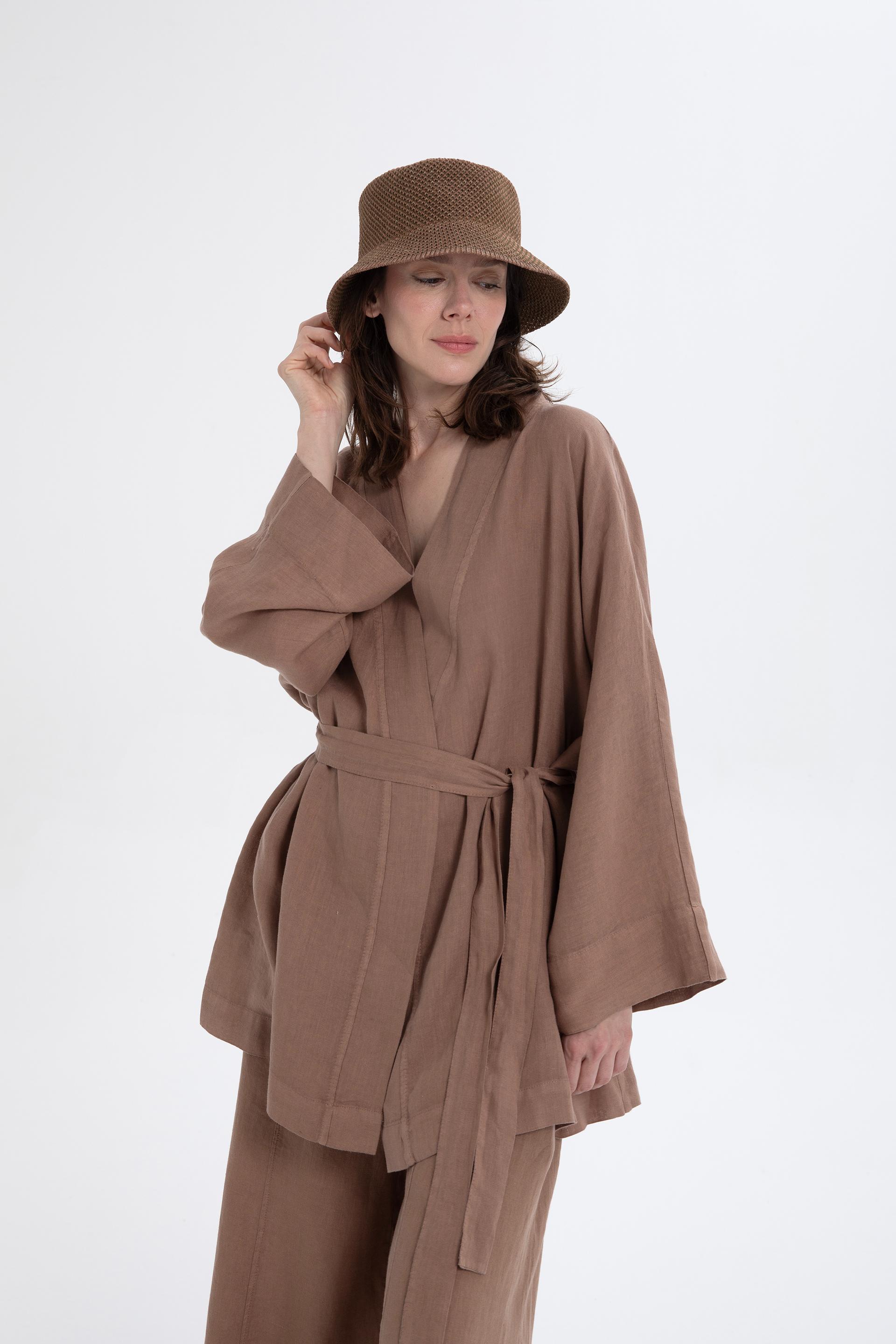 Saf Keten Kısa Kimono #renk_Kahve