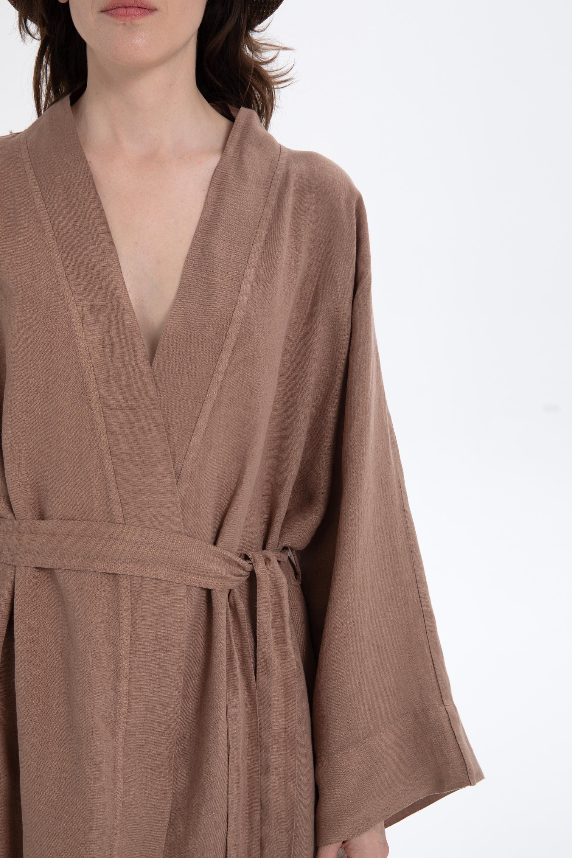 Saf Keten Kısa Kimono #renk_Kahve