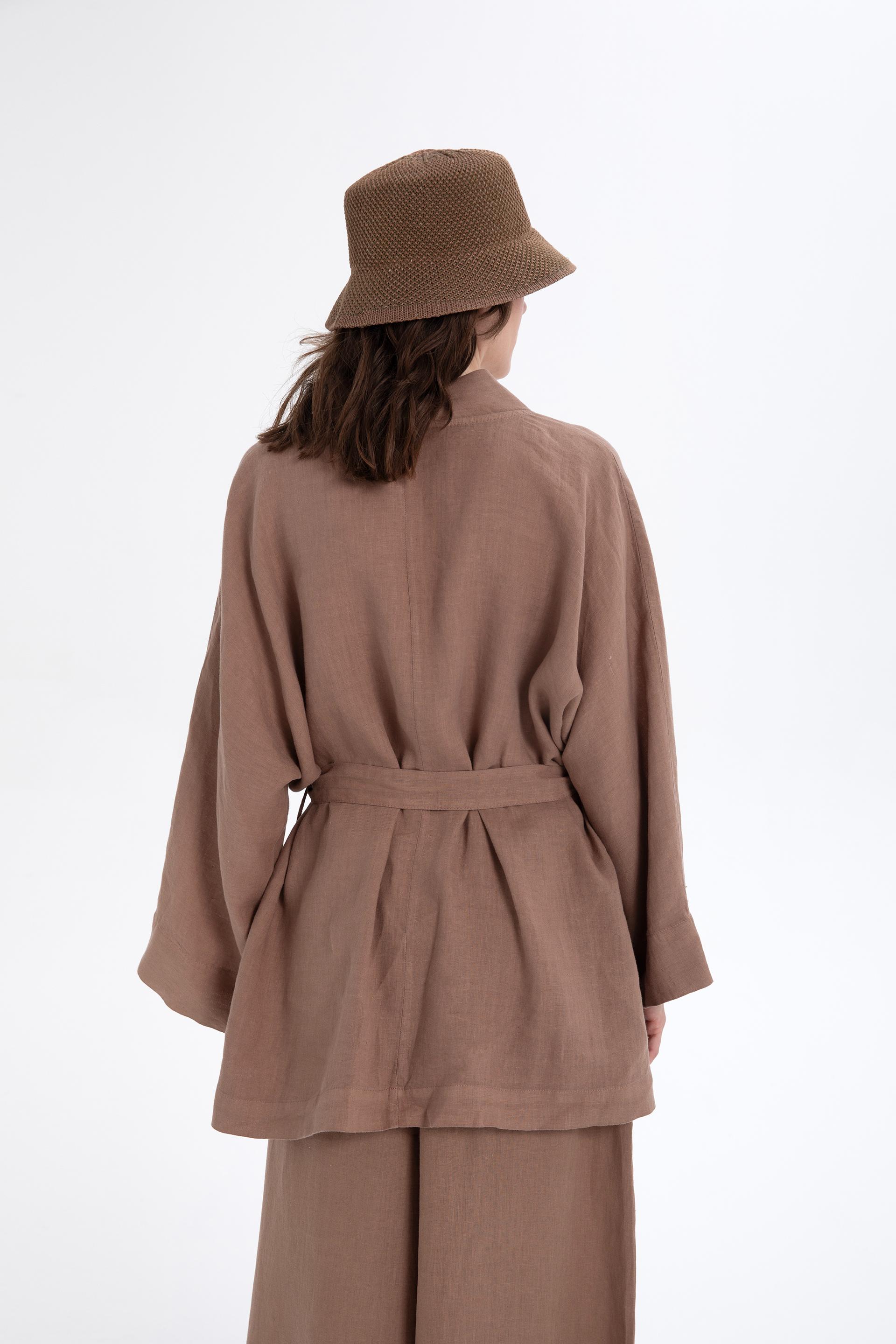 Saf Keten Kısa Kimono #renk_Kahve