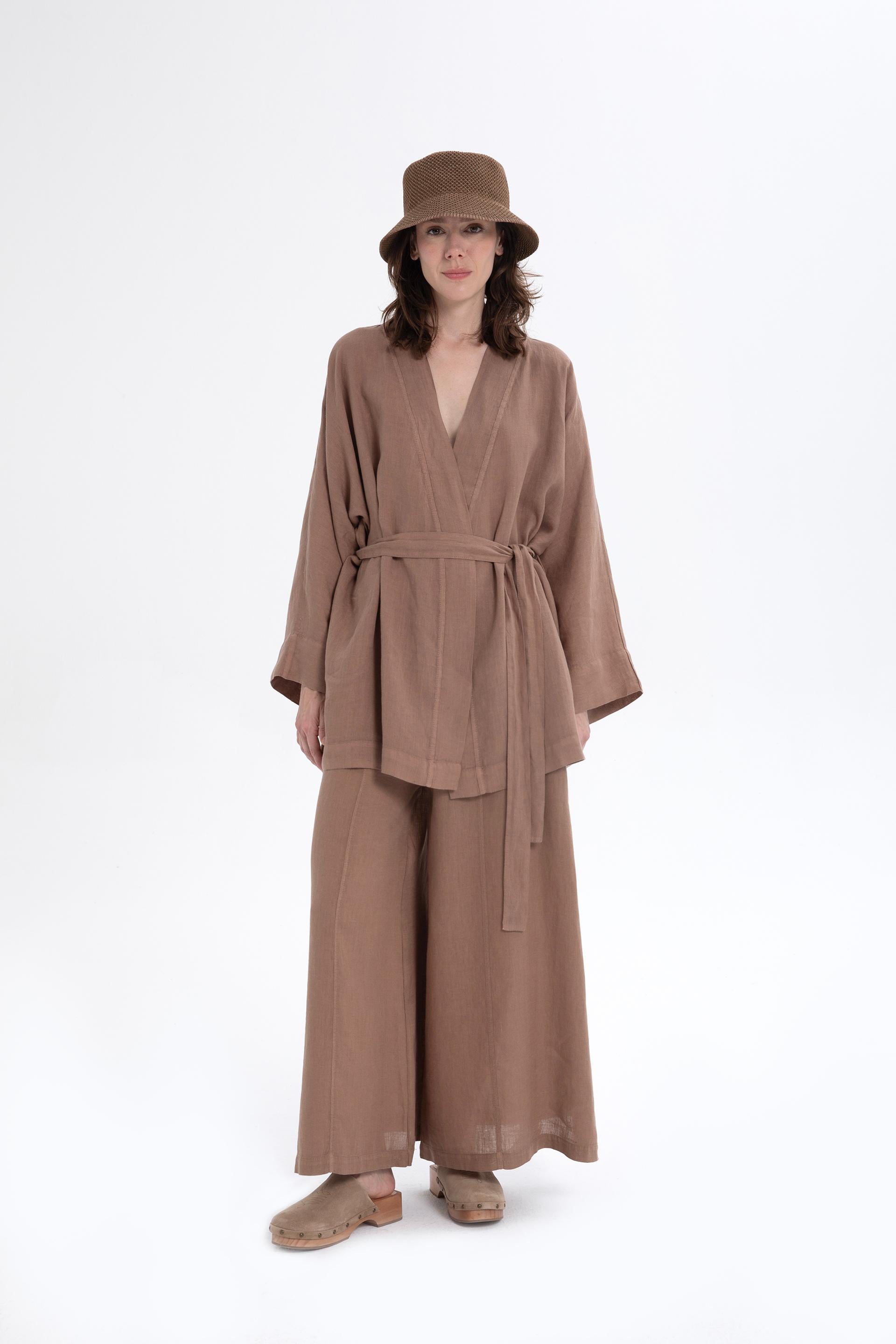 Saf Keten Kısa Kimono #renk_Kahve