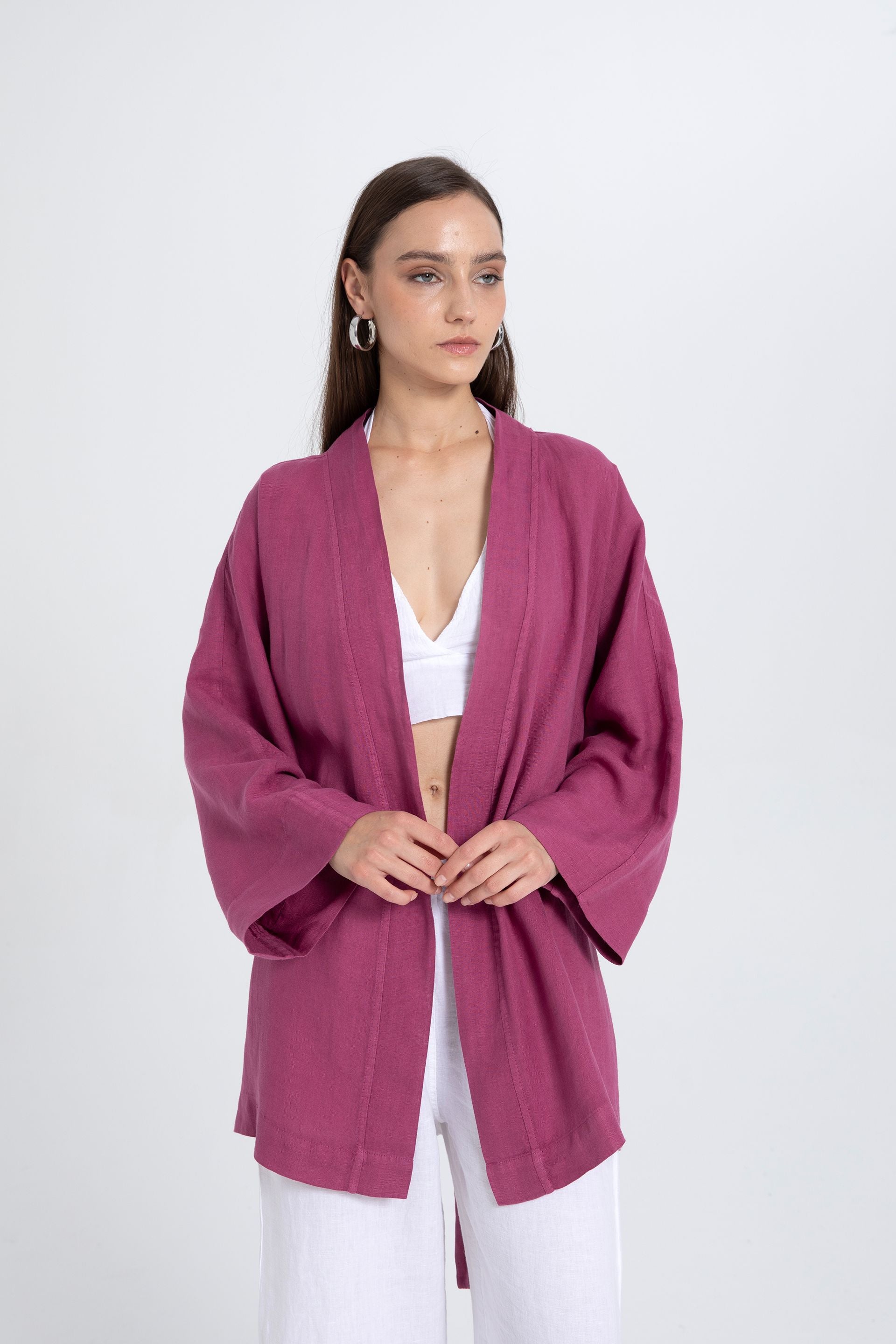 Saf Keten Kısa Kimono #renk_Mor