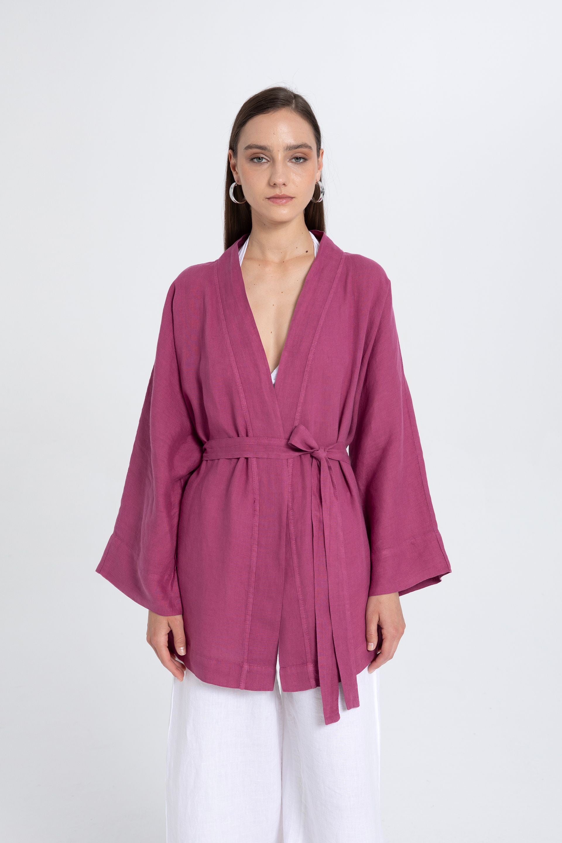 Saf Keten Kısa Kimono #renk_Mor