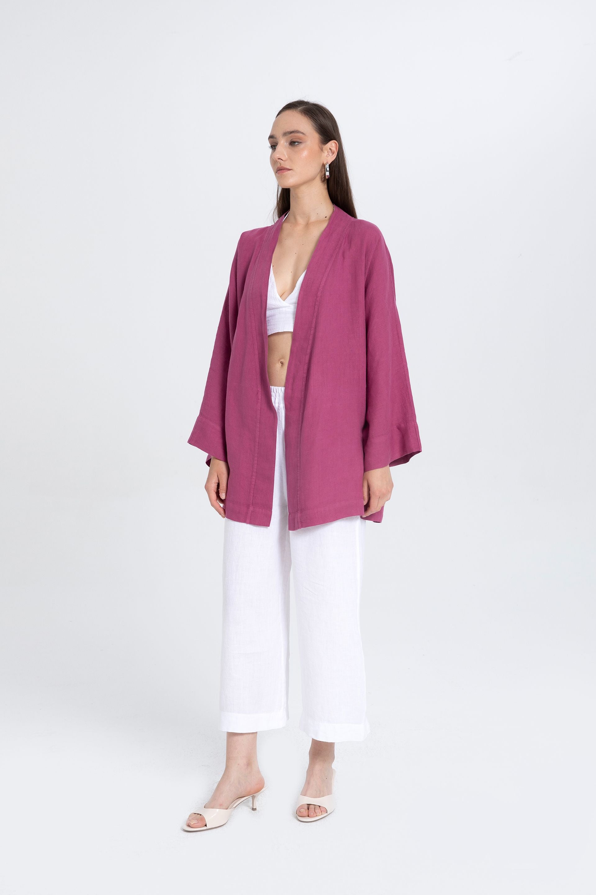 Saf Keten Kısa Kimono #renk_Mor