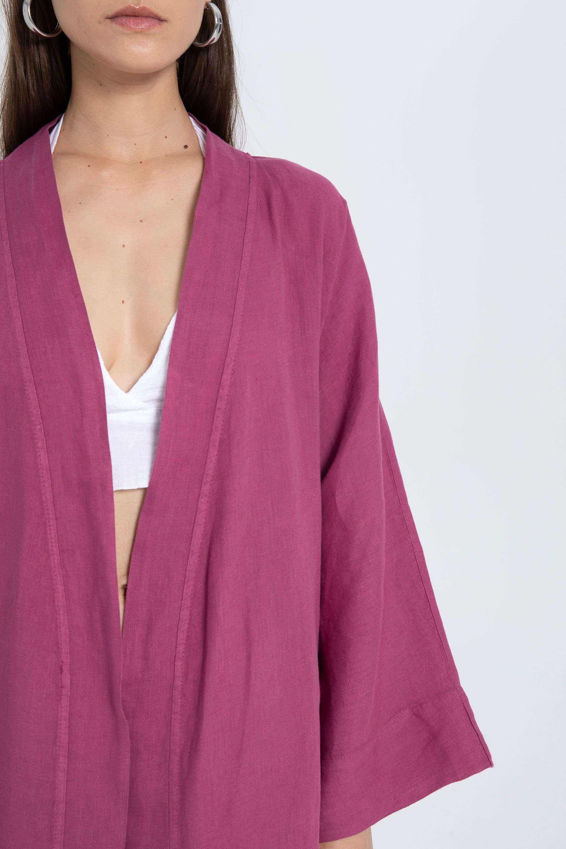 Saf Keten Kısa Kimono #renk_Mor