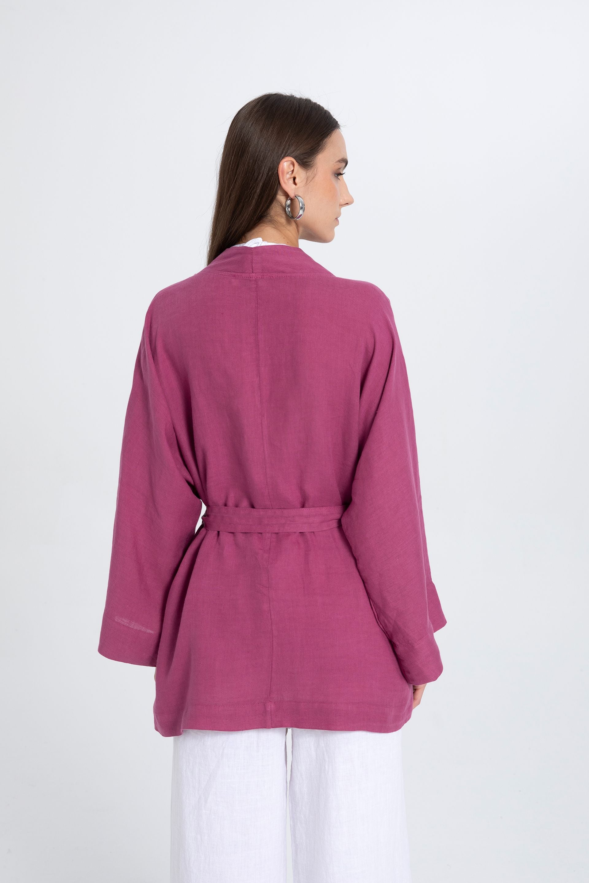 Saf Keten Kısa Kimono #renk_Mor