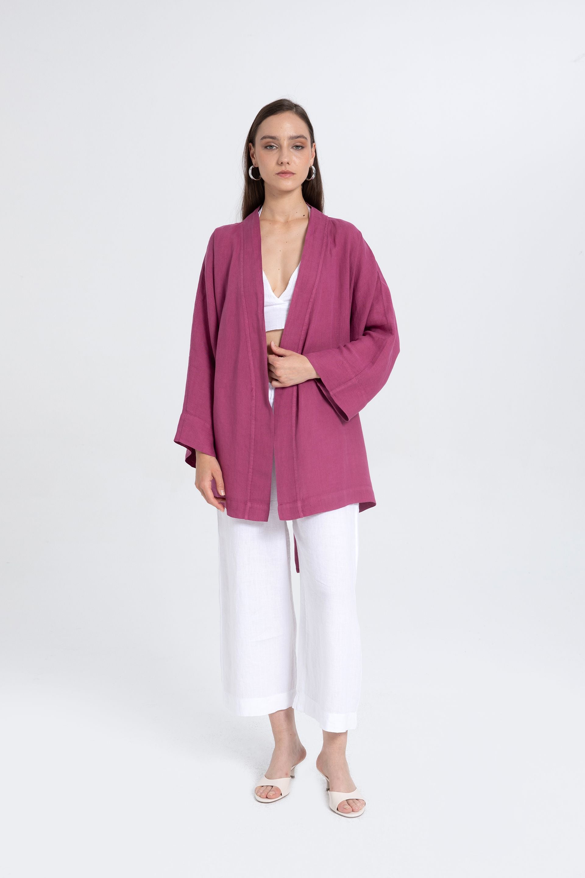 Saf Keten Kısa Kimono #renk_Mor