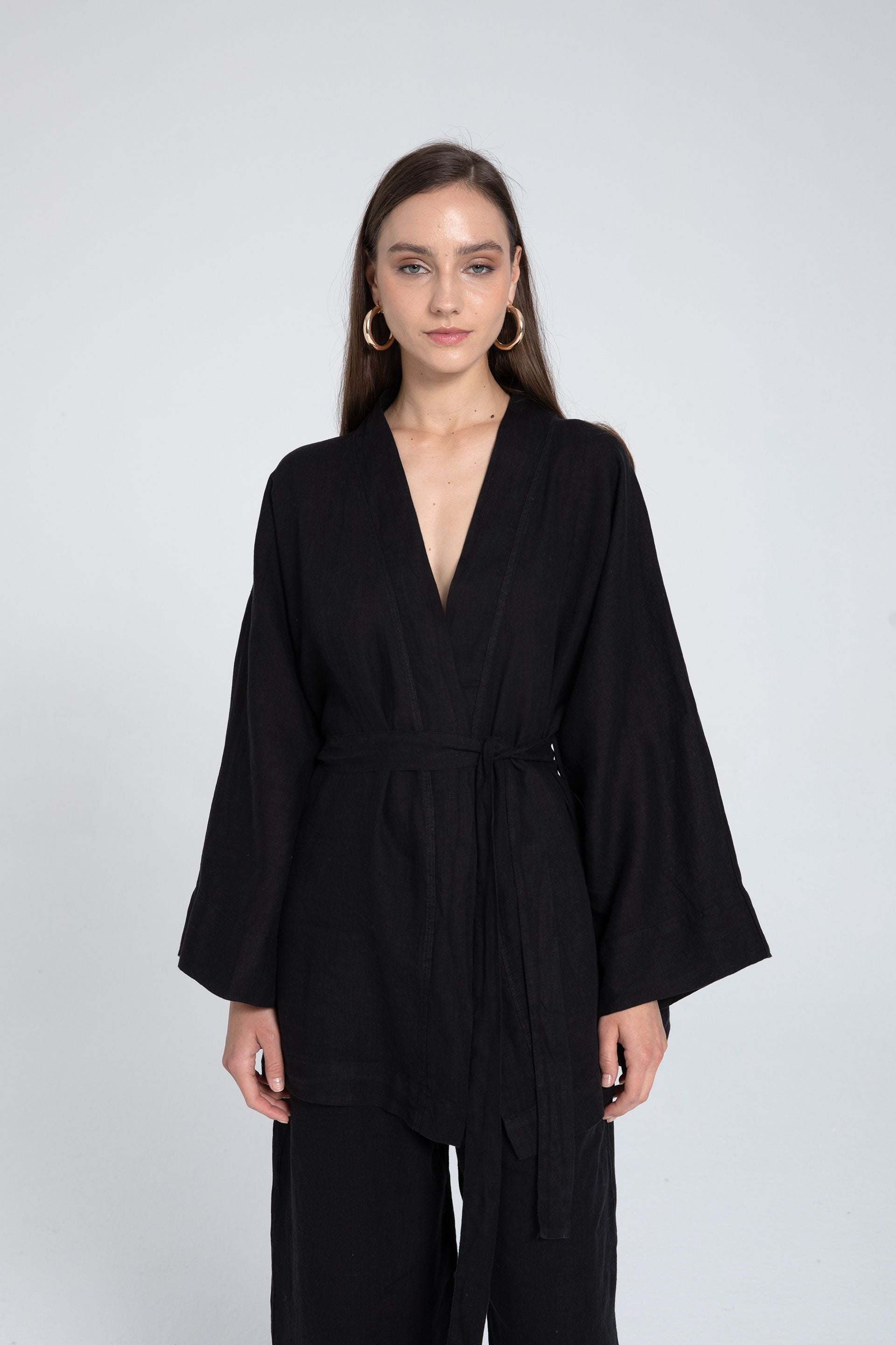 Saf Keten Kısa Kimono #renk_Siyah