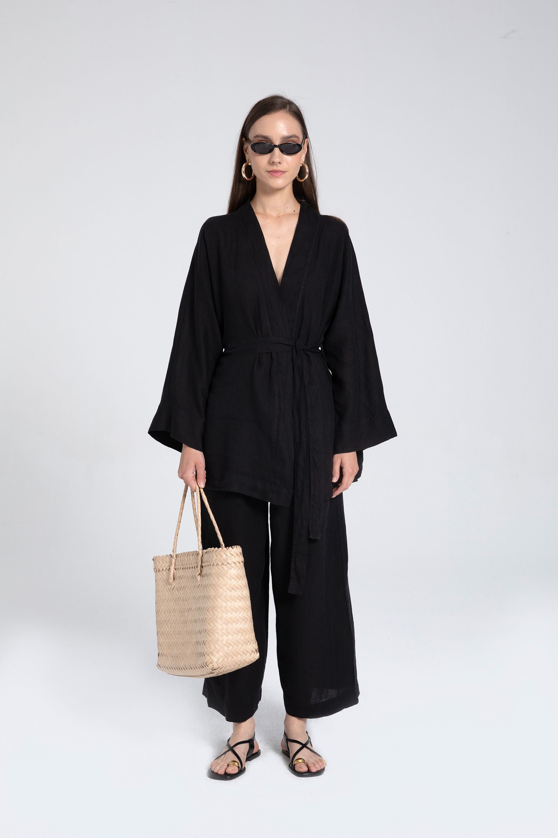 Saf Keten Kısa Kimono #renk_Siyah