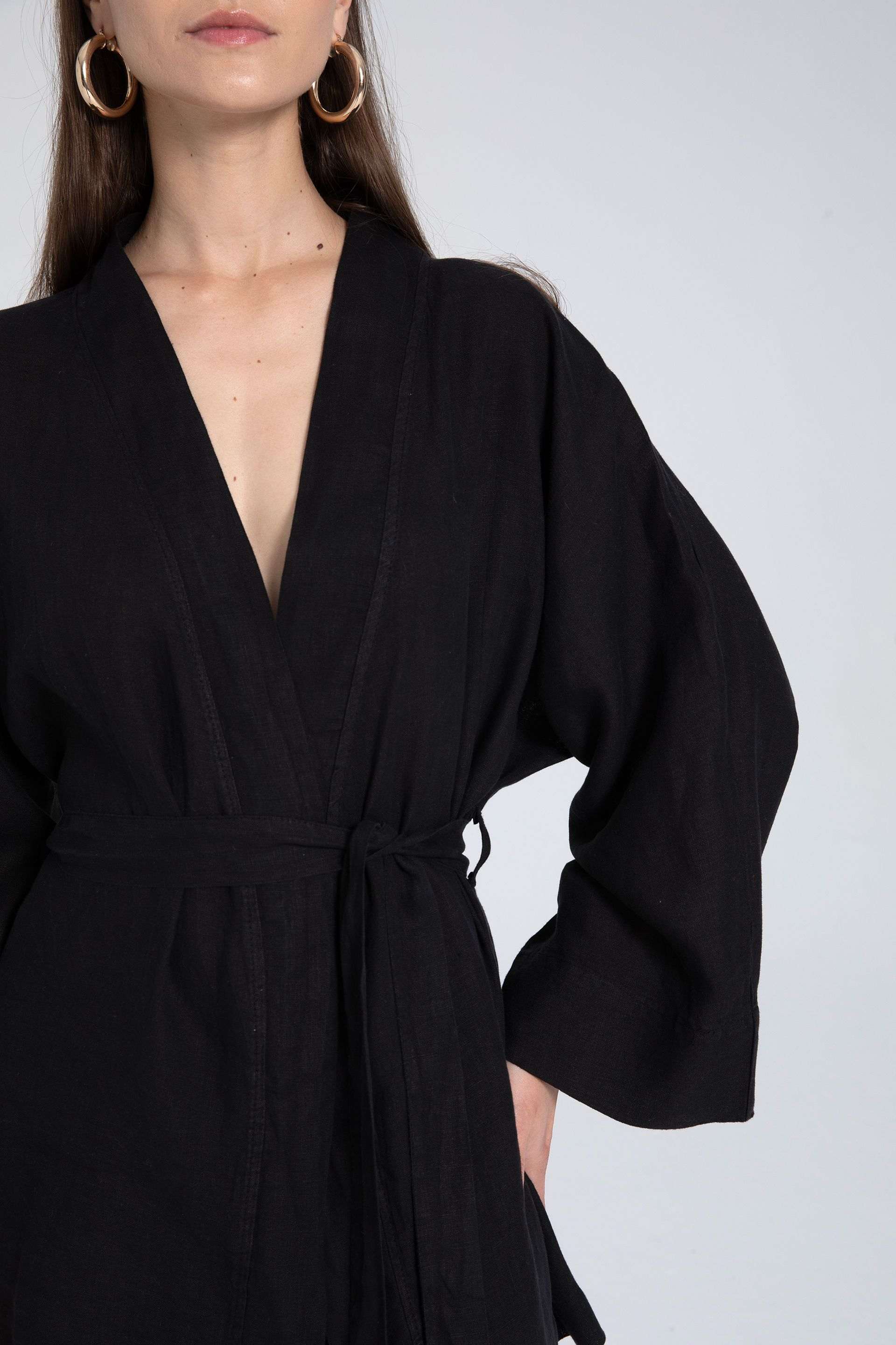 Saf Keten Kısa Kimono #renk_Siyah