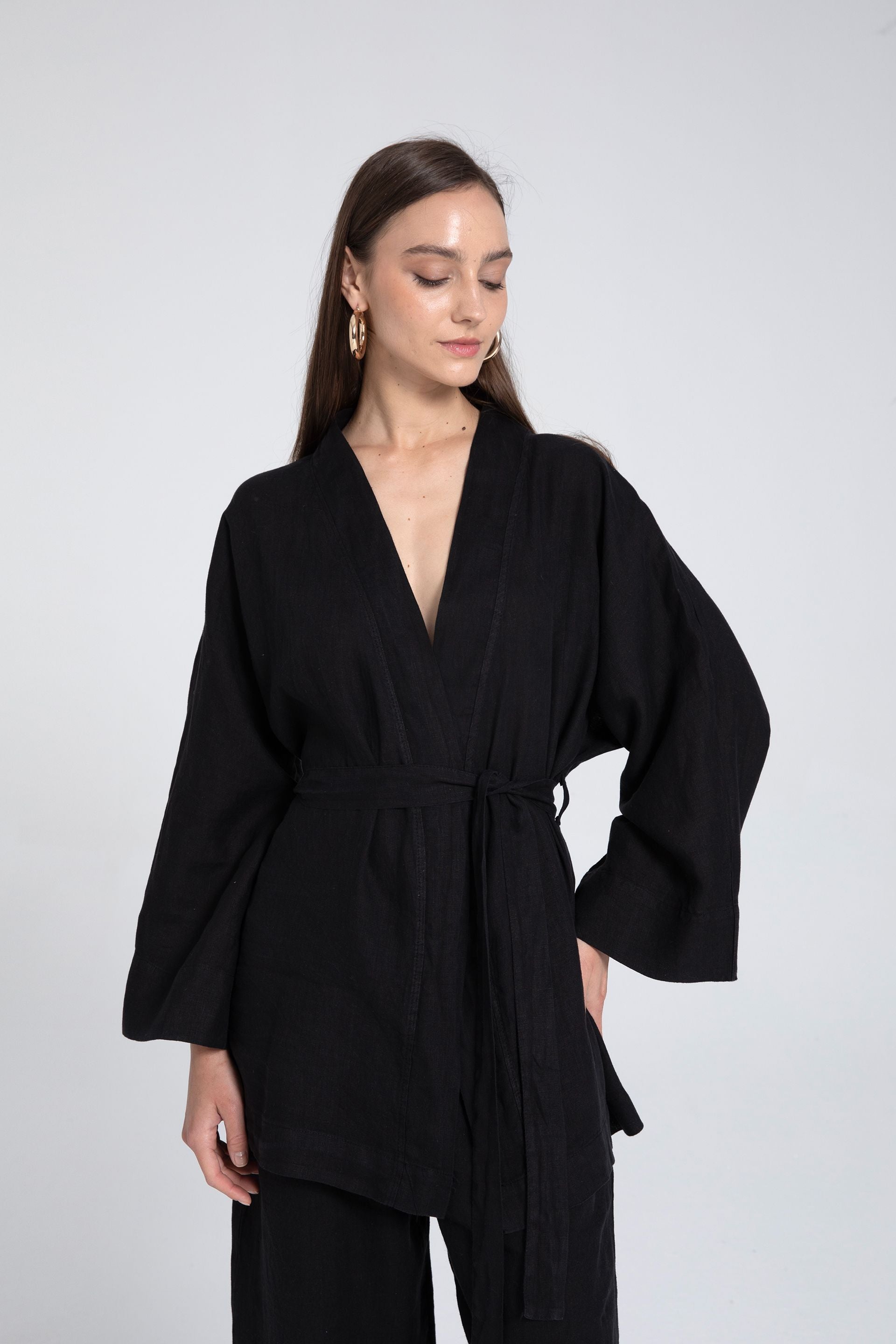 Saf Keten Kısa Kimono #renk_Siyah