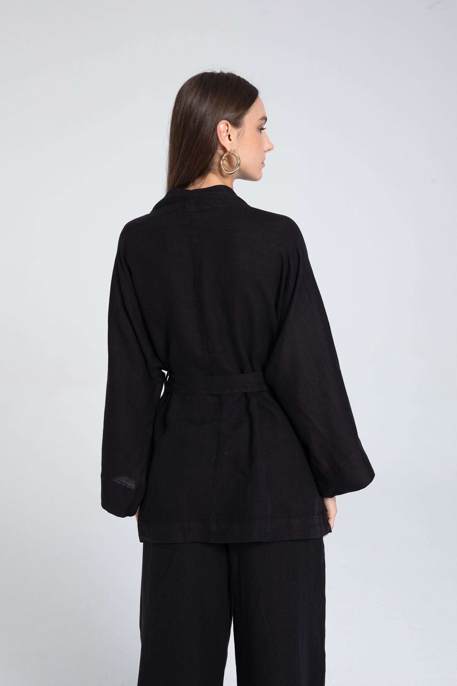 Saf Keten Kısa Kimono #renk_Siyah