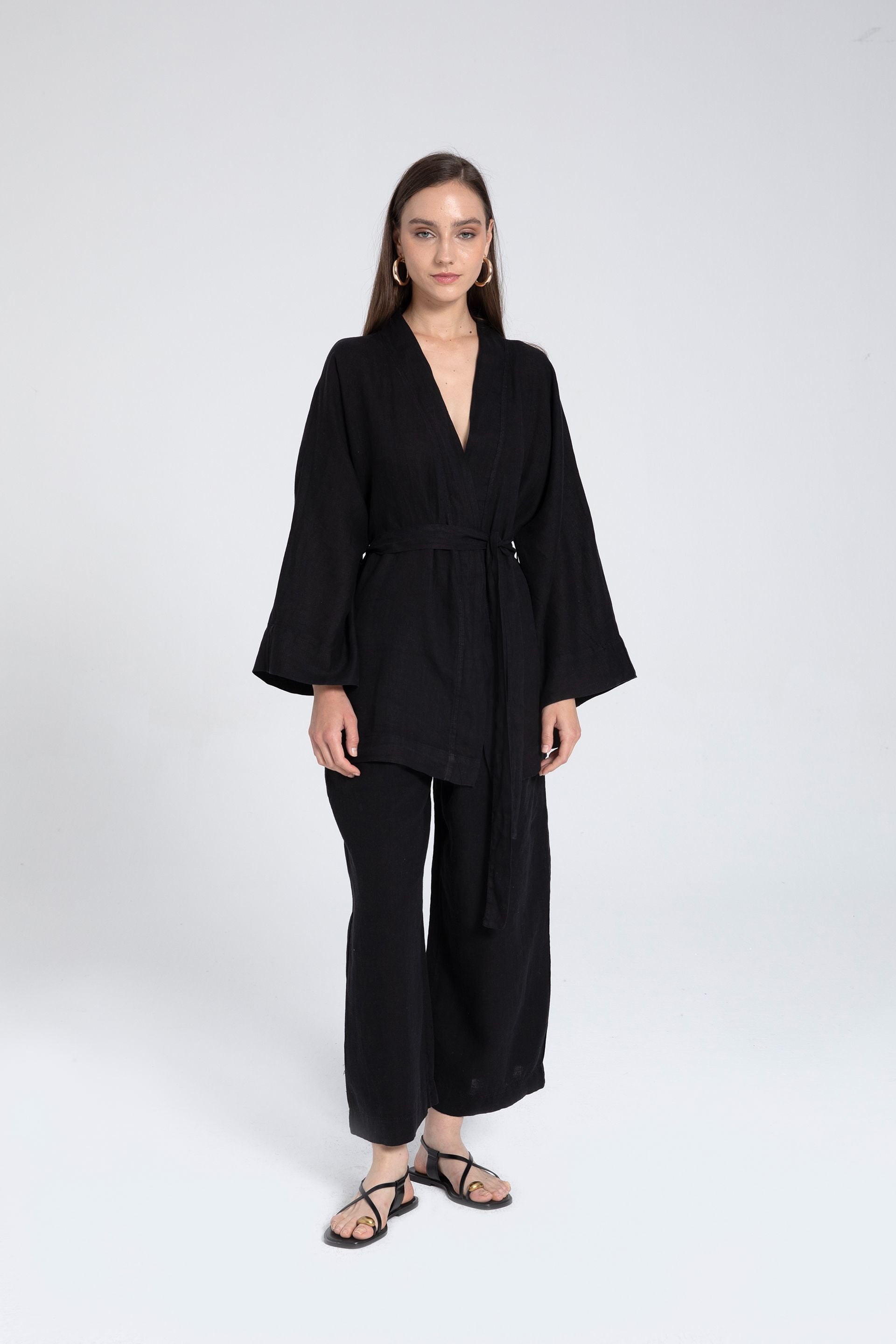 Saf Keten Kısa Kimono #renk_Siyah