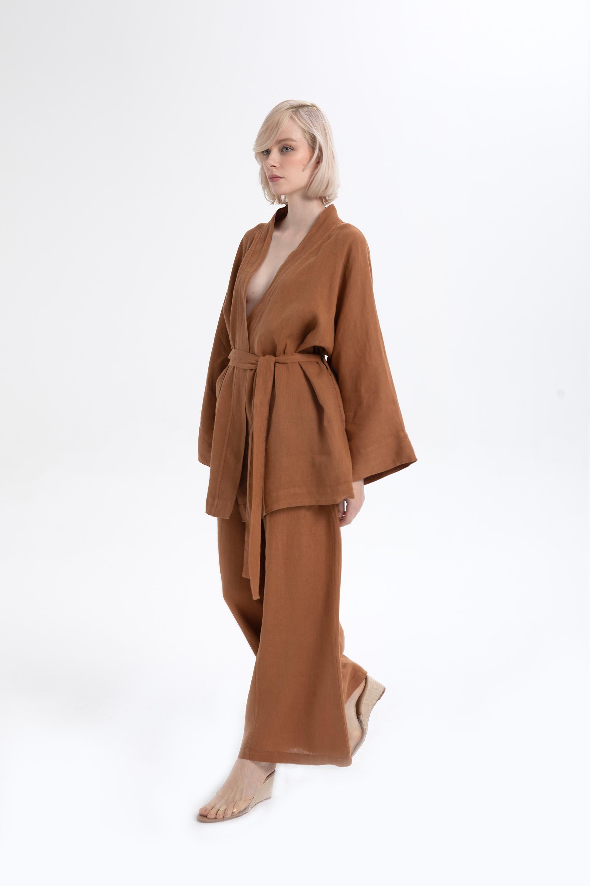 Saf Keten Kısa Kimono #renk_Terra Cotta